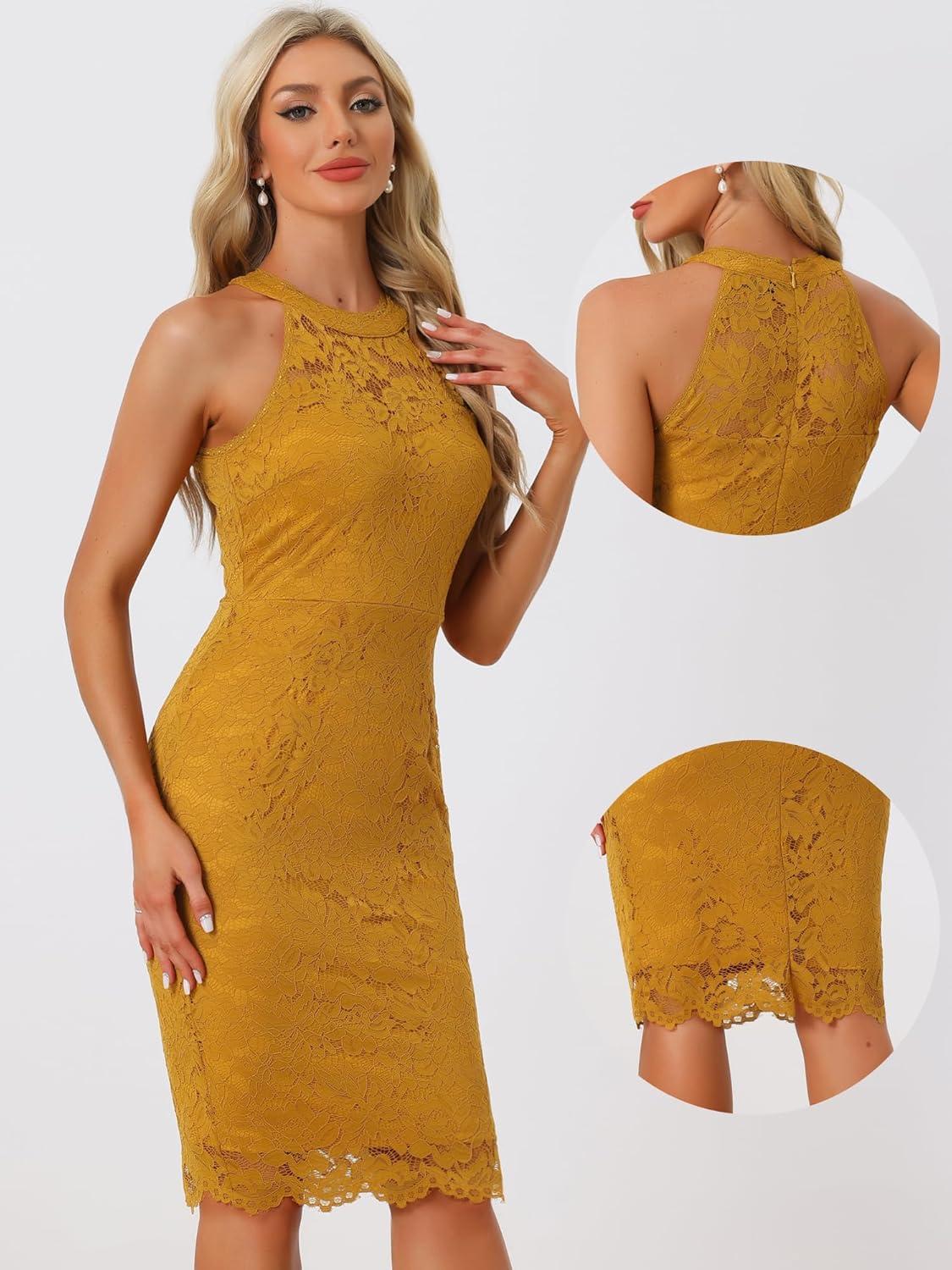 imageAllegra K Halter Formal Dress for Womens Sleeveless Bodycon Wedding Guest Cocktail Lace Sheath DressDark Yellow