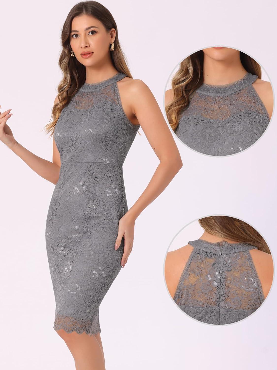 imageAllegra K Halter Formal Dress for Womens Sleeveless Bodycon Wedding Guest Cocktail Lace Sheath DressGrey