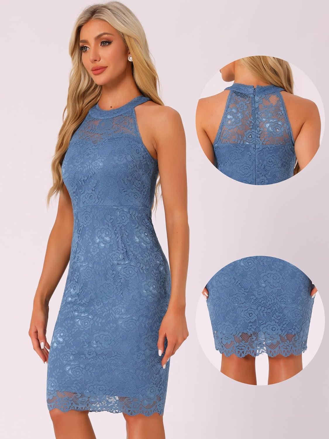 imageAllegra K Halter Formal Dress for Womens Sleeveless Bodycon Wedding Guest Cocktail Lace Sheath DressGrey Blue
