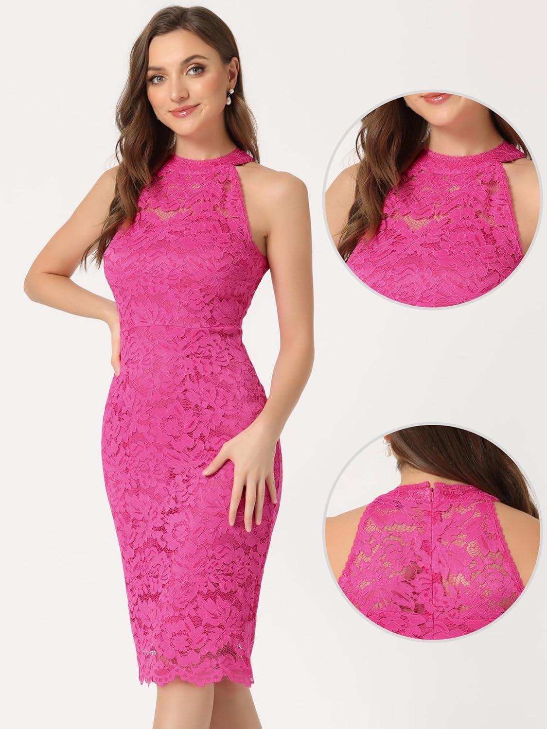 imageAllegra K Halter Formal Dress for Womens Sleeveless Bodycon Wedding Guest Cocktail Lace Sheath DressHot Pink