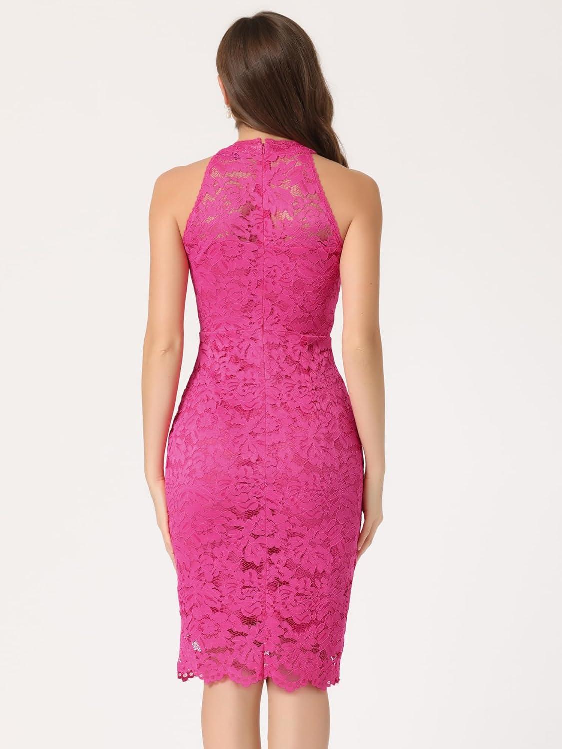 imageAllegra K Halter Formal Dress for Womens Sleeveless Bodycon Wedding Guest Cocktail Lace Sheath DressHot Pink