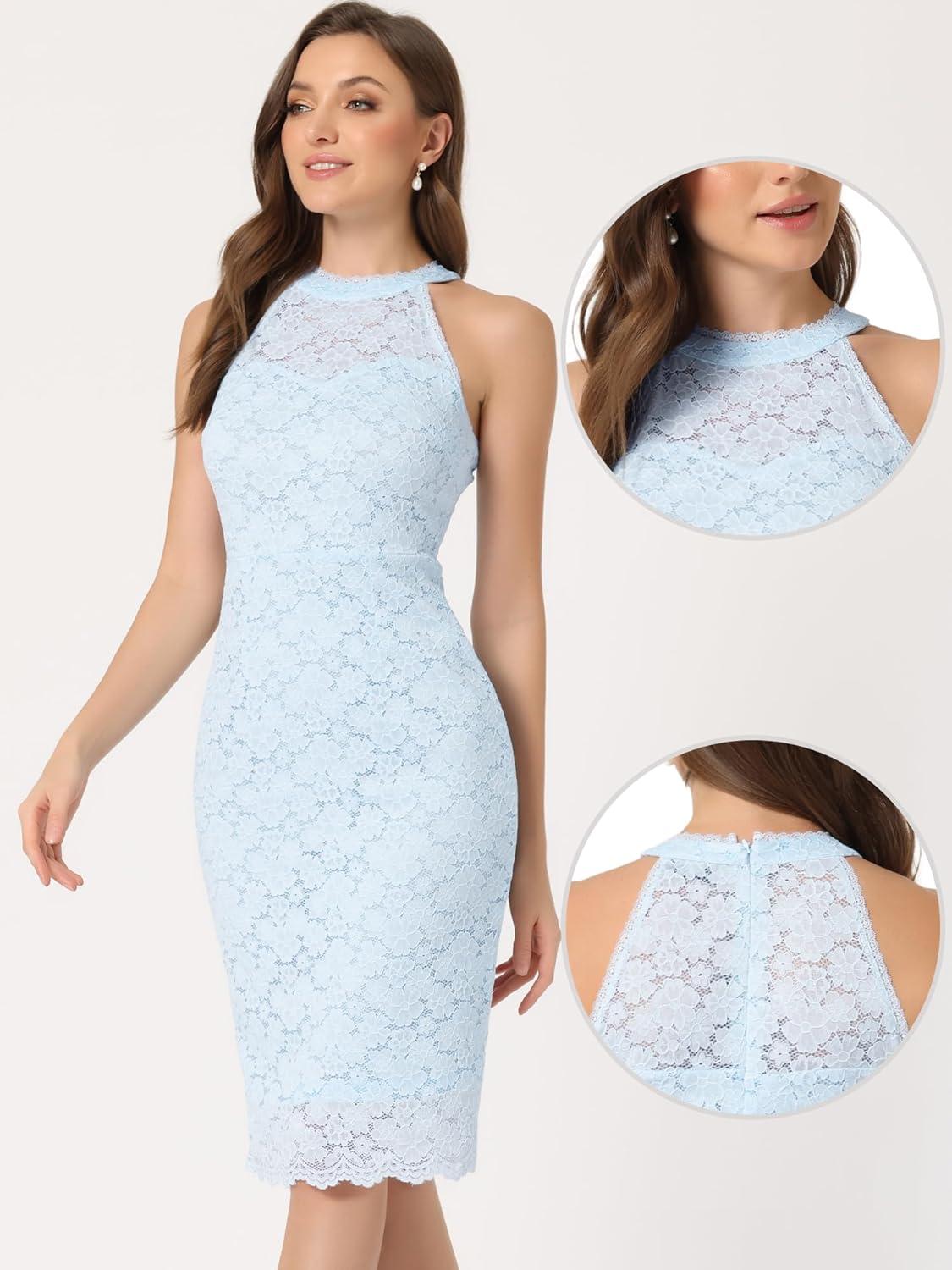 imageAllegra K Halter Formal Dress for Womens Sleeveless Bodycon Wedding Guest Cocktail Lace Sheath DressLight Blue