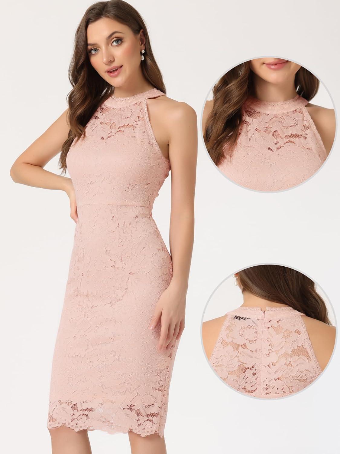imageAllegra K Halter Formal Dress for Womens Sleeveless Bodycon Wedding Guest Cocktail Lace Sheath DressLight Pink