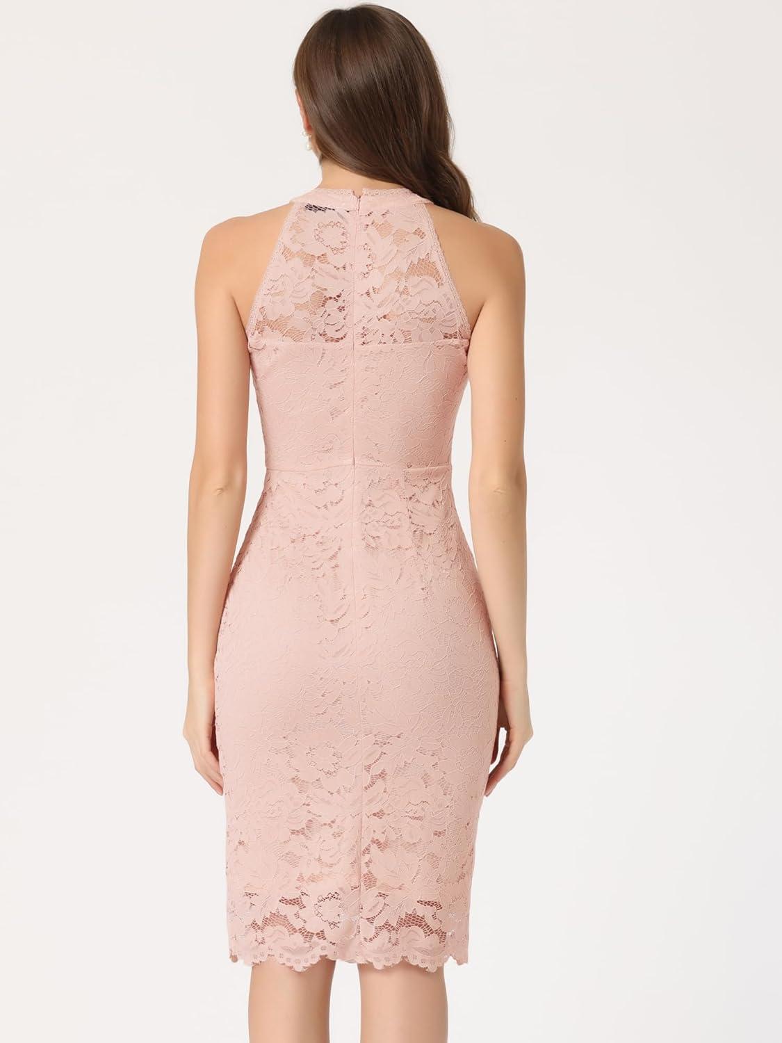 imageAllegra K Halter Formal Dress for Womens Sleeveless Bodycon Wedding Guest Cocktail Lace Sheath DressLight Pink