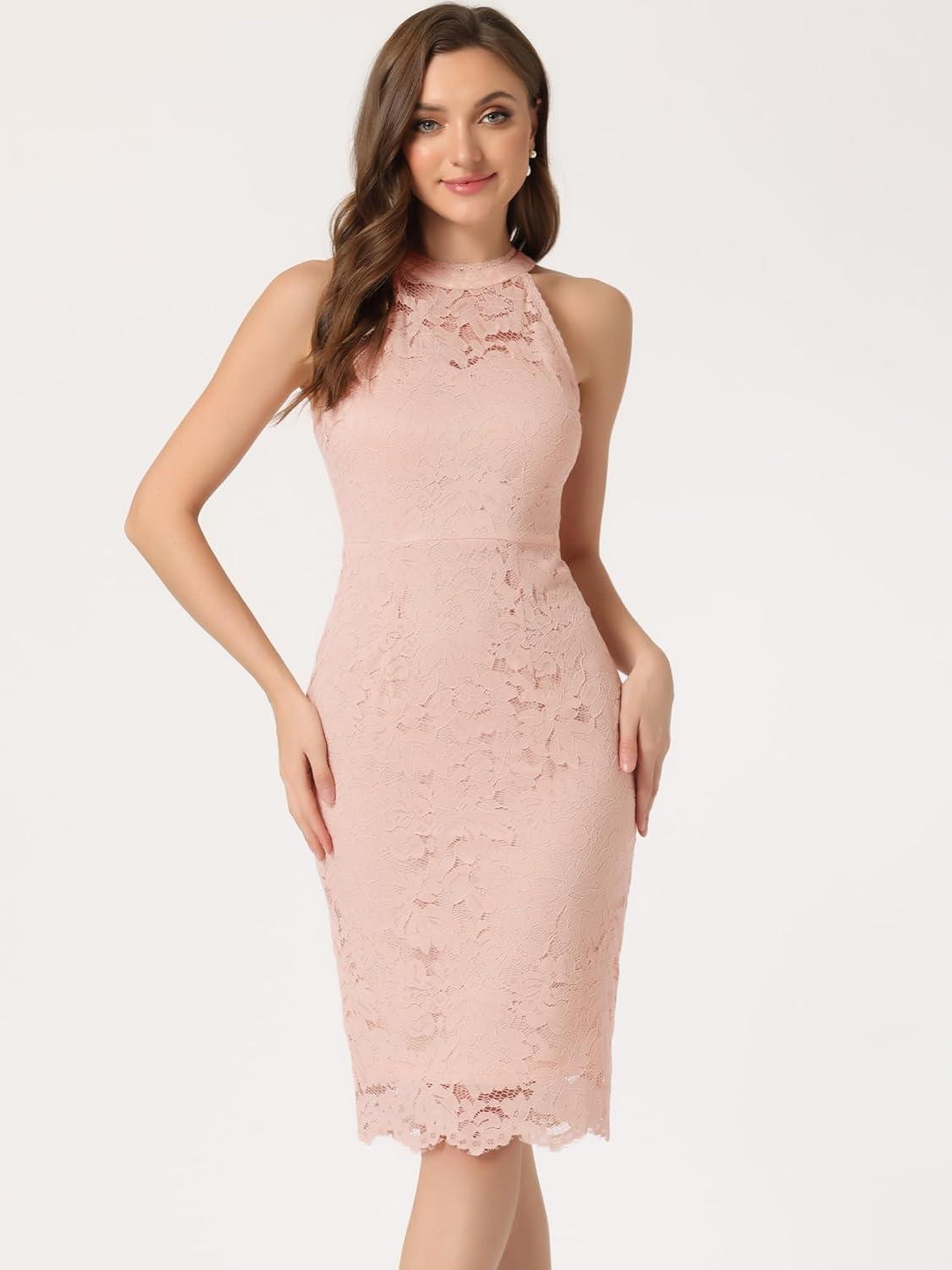 imageAllegra K Halter Formal Dress for Womens Sleeveless Bodycon Wedding Guest Cocktail Lace Sheath DressLight Pink