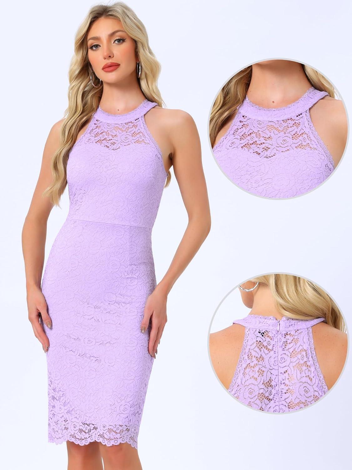 imageAllegra K Halter Formal Dress for Womens Sleeveless Bodycon Wedding Guest Cocktail Lace Sheath DressLight Purple
