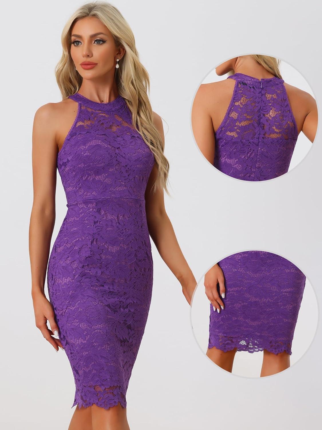 imageAllegra K Halter Formal Dress for Womens Sleeveless Bodycon Wedding Guest Cocktail Lace Sheath DressPurple