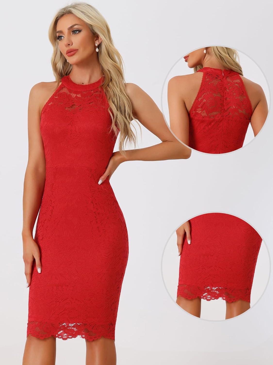 imageAllegra K Halter Formal Dress for Womens Sleeveless Bodycon Wedding Guest Cocktail Lace Sheath DressRed