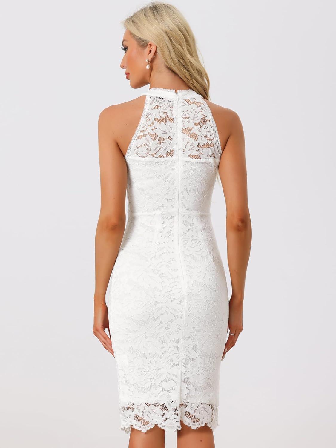 imageAllegra K Halter Formal Dress for Womens Sleeveless Bodycon Wedding Guest Cocktail Lace Sheath DressWhite