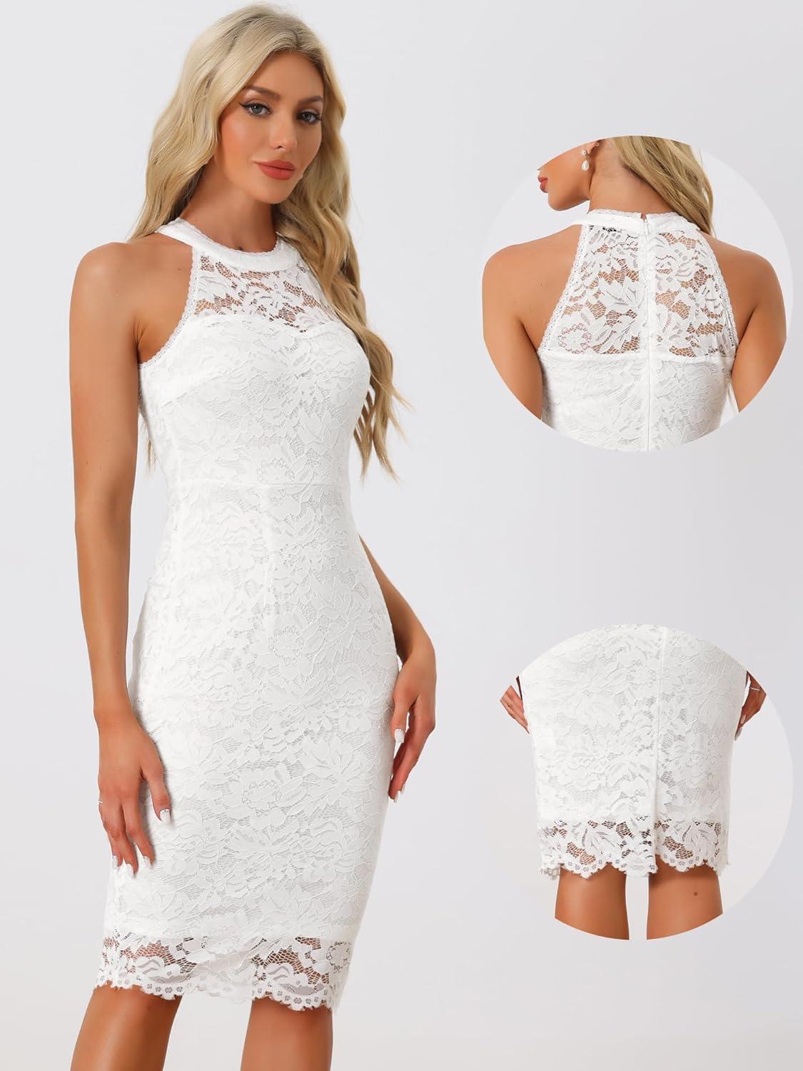 imageAllegra K Halter Formal Dress for Womens Sleeveless Bodycon Wedding Guest Cocktail Lace Sheath DressWhite