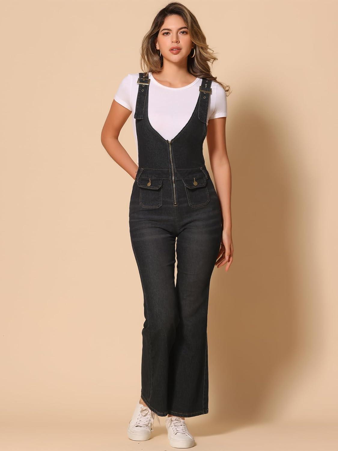 imageAllegra K Overalls Jeans for Womens Casual Adjustable Bib Bell Bottom Denim Pants JumpsuitsBlack