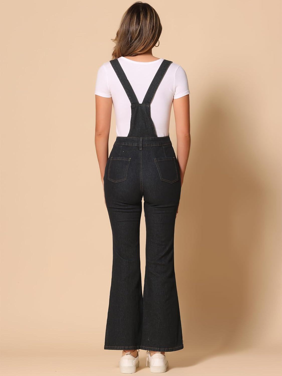 imageAllegra K Overalls Jeans for Womens Casual Adjustable Bib Bell Bottom Denim Pants JumpsuitsBlack