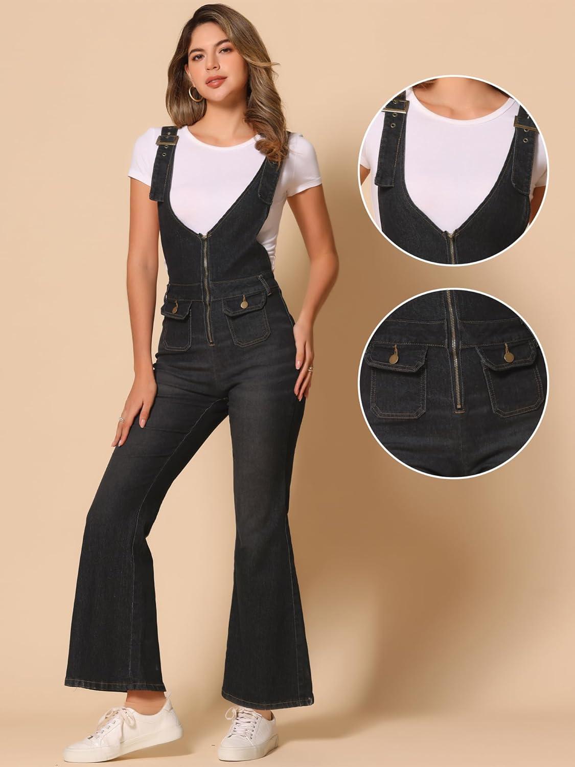 imageAllegra K Overalls Jeans for Womens Casual Adjustable Bib Bell Bottom Denim Pants JumpsuitsBlack
