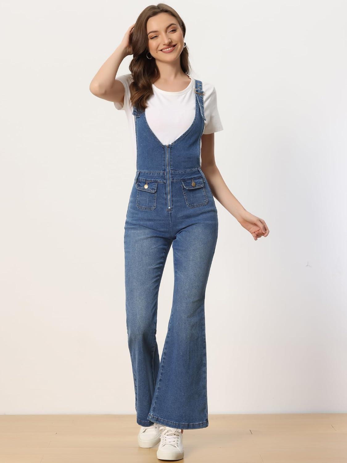 imageAllegra K Overalls Jeans for Womens Casual Adjustable Bib Bell Bottom Denim Pants JumpsuitsBlue