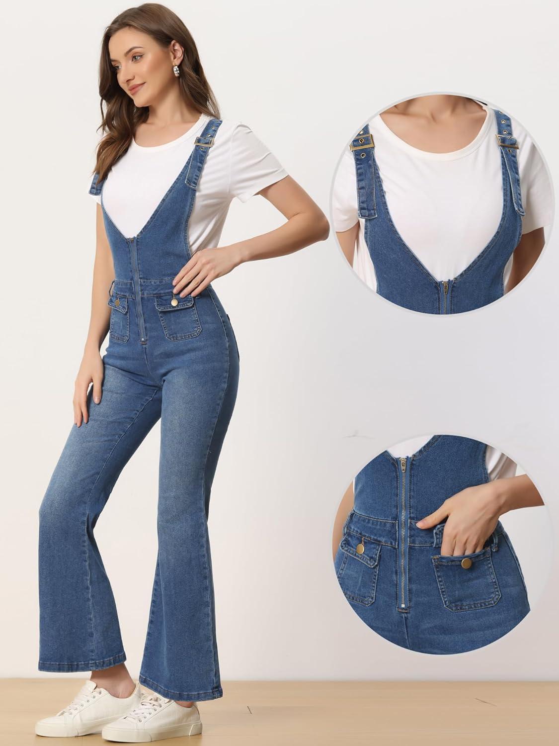 imageAllegra K Overalls Jeans for Womens Casual Adjustable Bib Bell Bottom Denim Pants JumpsuitsBlue
