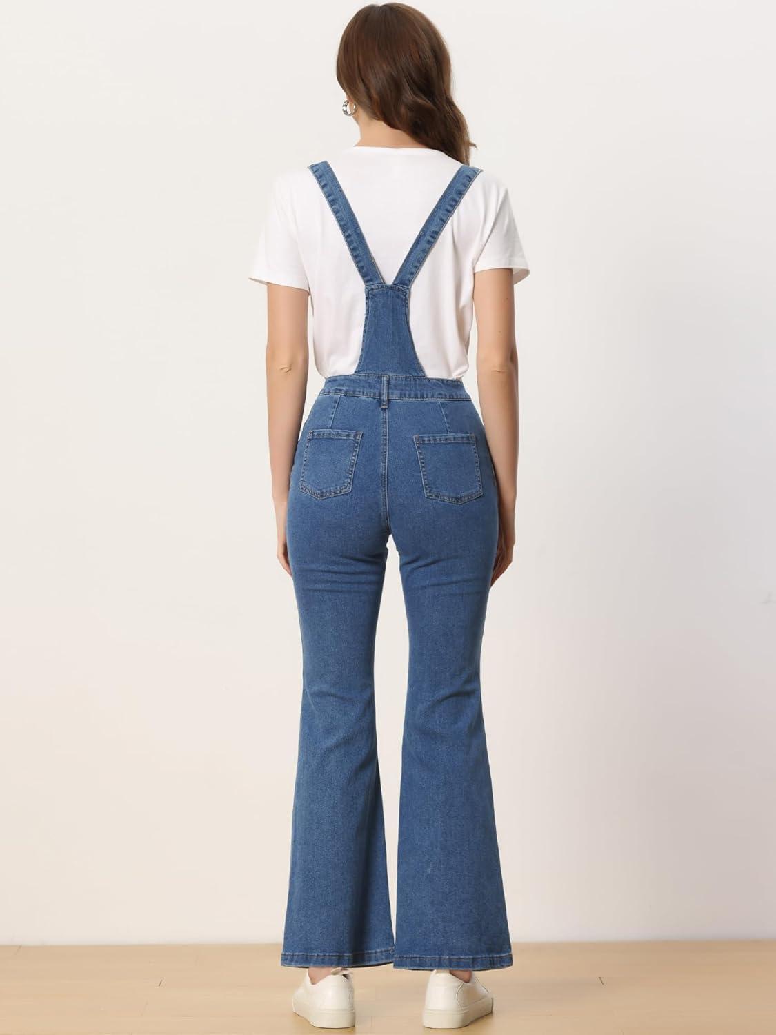imageAllegra K Overalls Jeans for Womens Casual Adjustable Bib Bell Bottom Denim Pants JumpsuitsBlue
