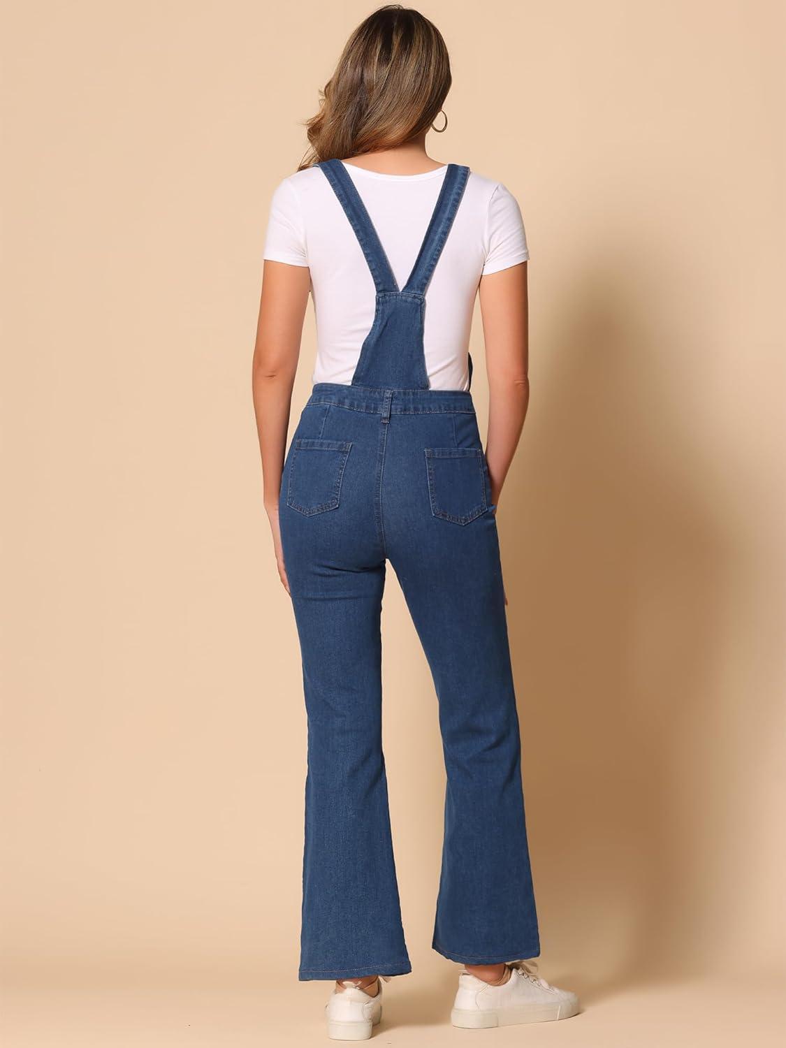 imageAllegra K Overalls Jeans for Womens Casual Adjustable Bib Bell Bottom Denim Pants JumpsuitsDark Blue