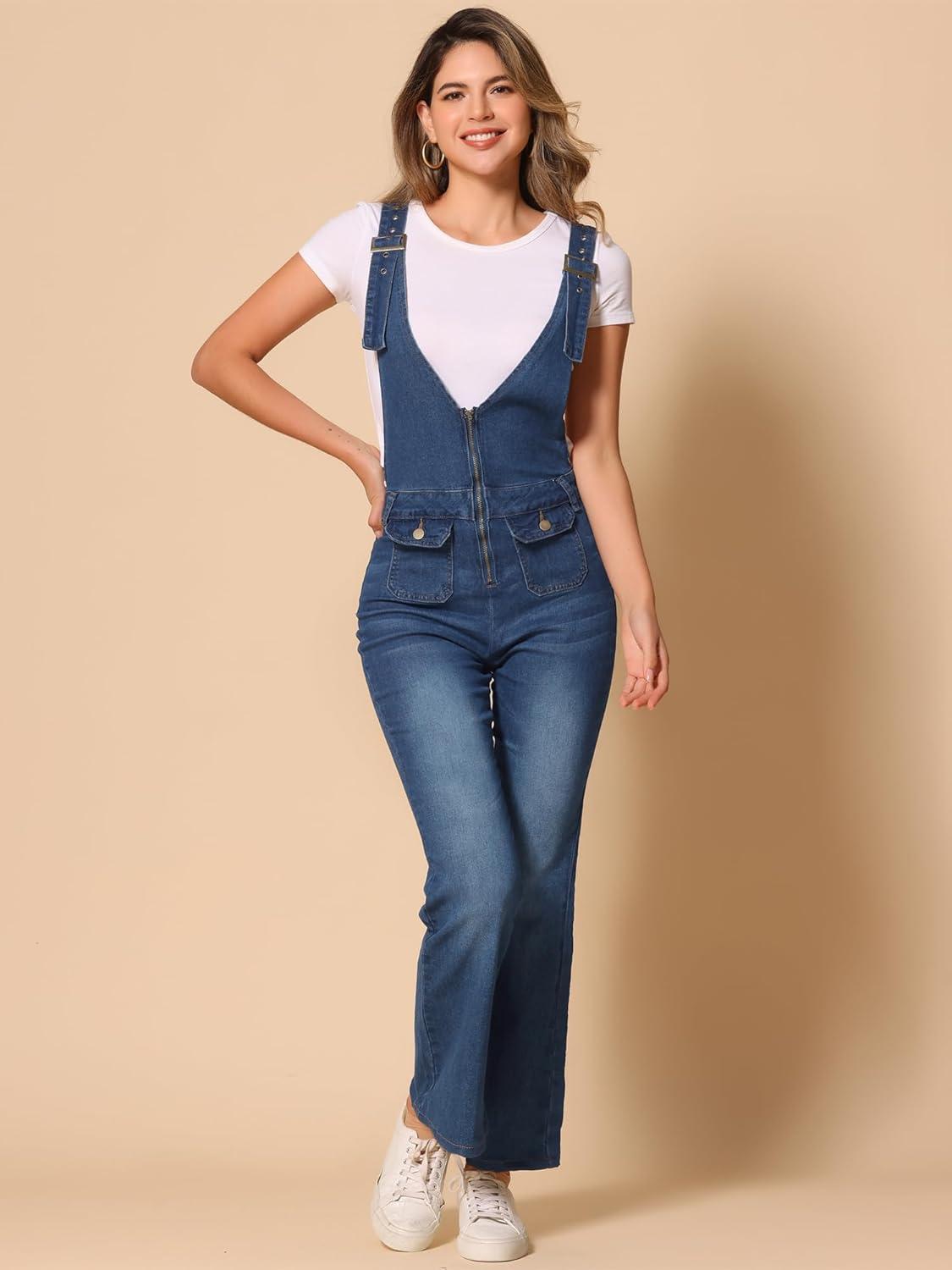 imageAllegra K Overalls Jeans for Womens Casual Adjustable Bib Bell Bottom Denim Pants JumpsuitsDark Blue