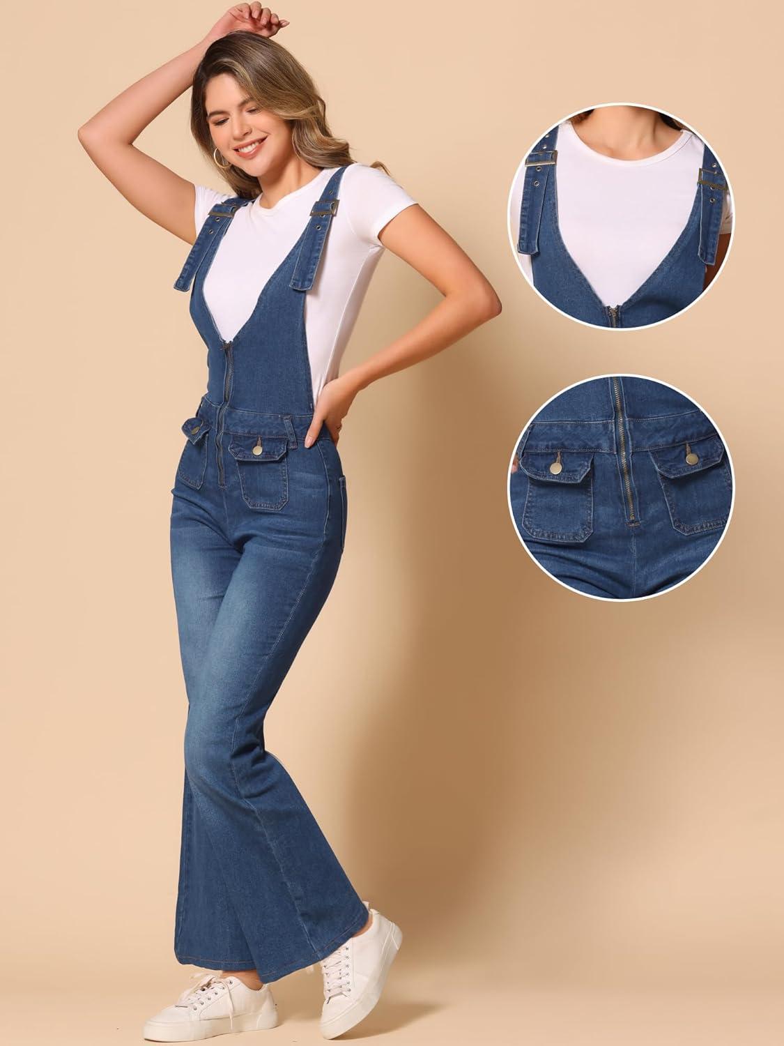imageAllegra K Overalls Jeans for Womens Casual Adjustable Bib Bell Bottom Denim Pants JumpsuitsDark Blue