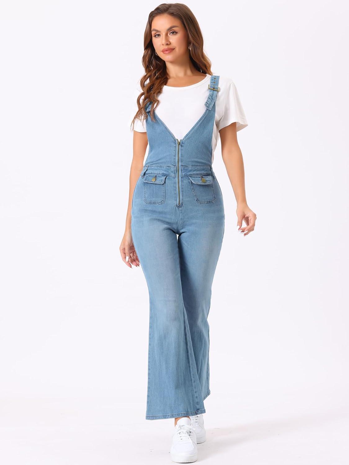 imageAllegra K Overalls Jeans for Womens Casual Adjustable Bib Bell Bottom Denim Pants JumpsuitsLight Blue