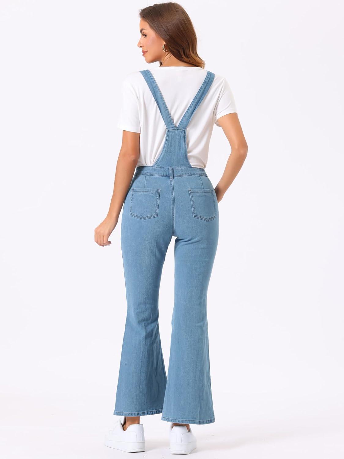 imageAllegra K Overalls Jeans for Womens Casual Adjustable Bib Bell Bottom Denim Pants JumpsuitsLight Blue