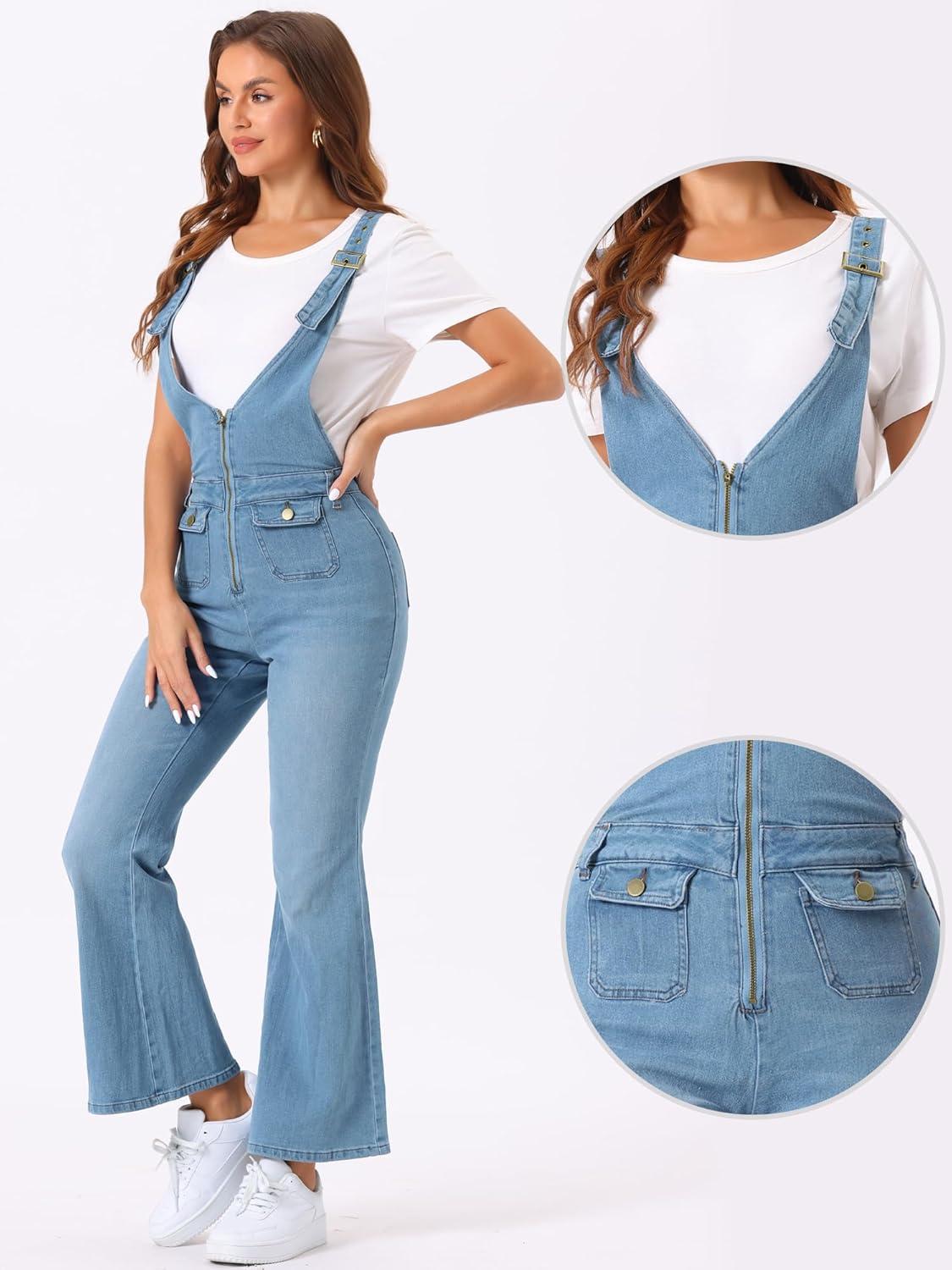 imageAllegra K Overalls Jeans for Womens Casual Adjustable Bib Bell Bottom Denim Pants JumpsuitsLight Blue