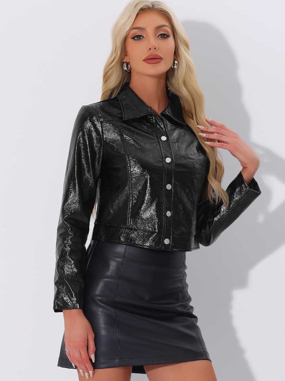 imageAllegra K PU Jacket for Womens Long Sleeve Moto Biker Cropped Faux Leather JacketBlack