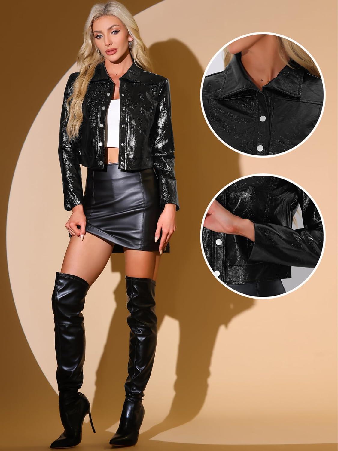 imageAllegra K PU Jacket for Womens Long Sleeve Moto Biker Cropped Faux Leather JacketBlack
