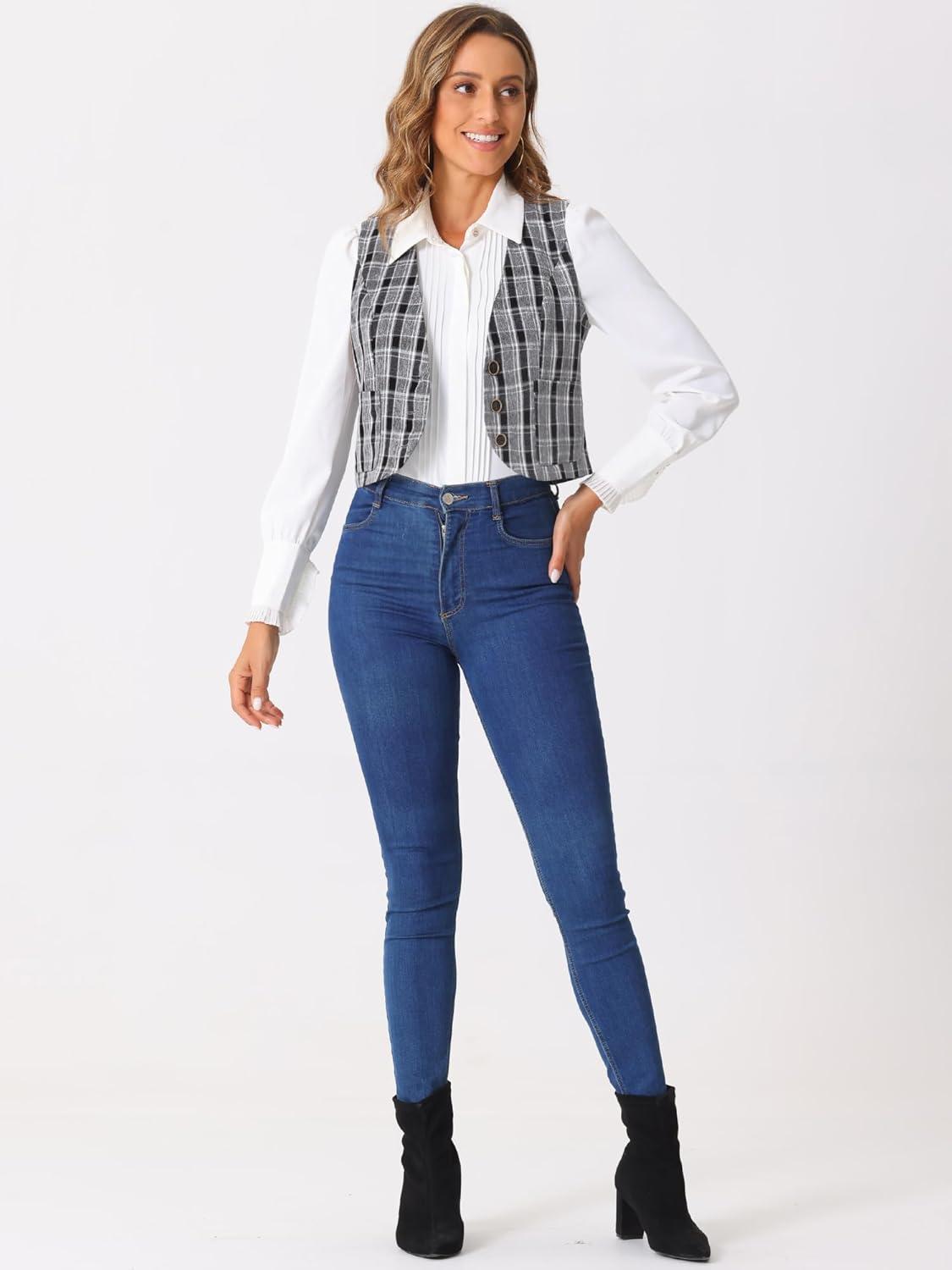 imageAllegra K Plaid Vest for Womens Single Breasted Sleeveless Racerback Vintage WaistcoatBlack White