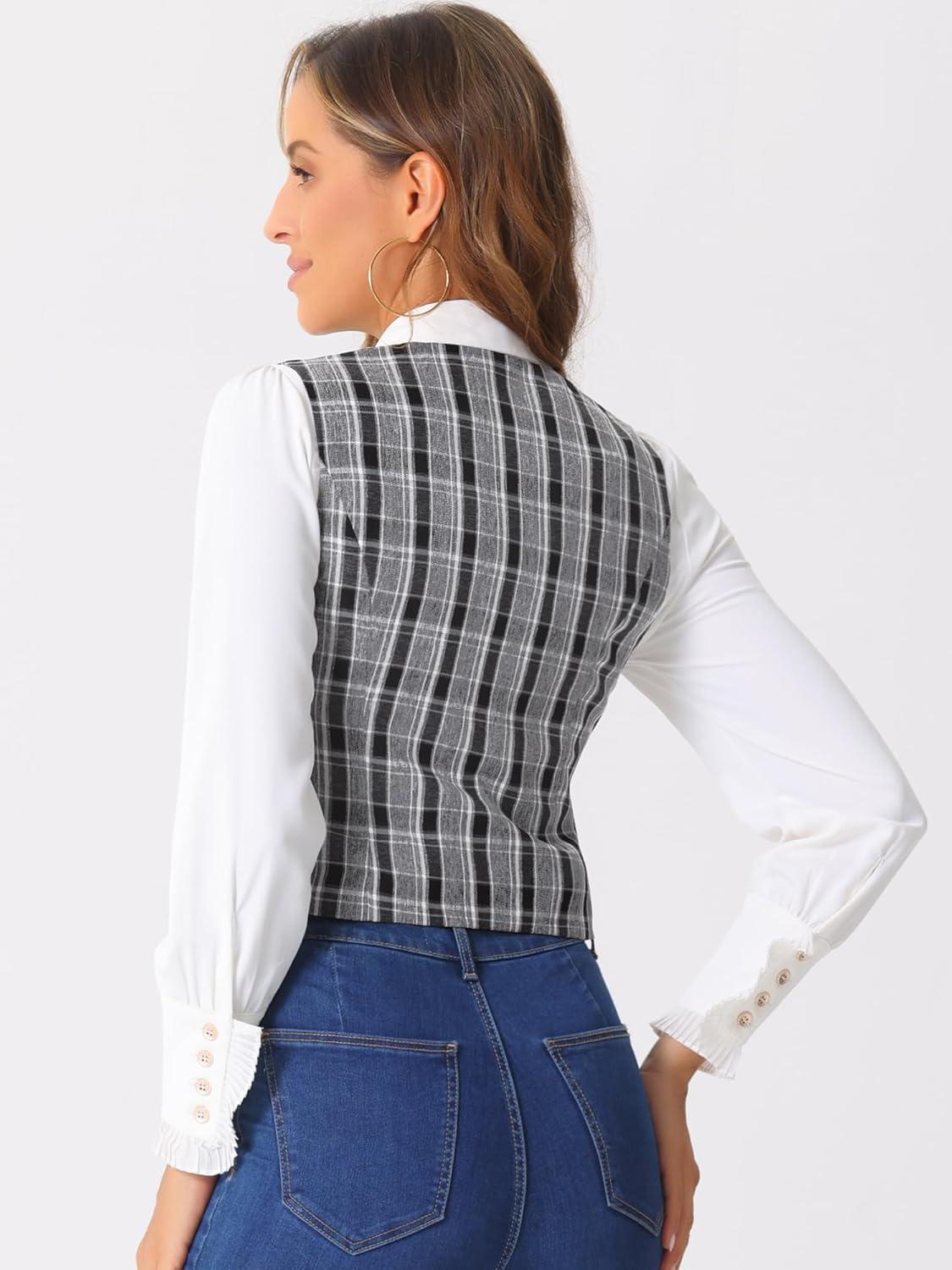 imageAllegra K Plaid Vest for Womens Single Breasted Sleeveless Racerback Vintage WaistcoatBlack White