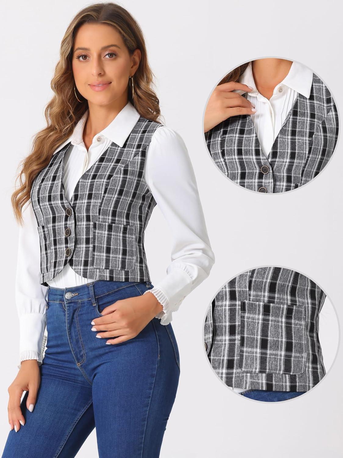 imageAllegra K Plaid Vest for Womens Single Breasted Sleeveless Racerback Vintage WaistcoatBlack White