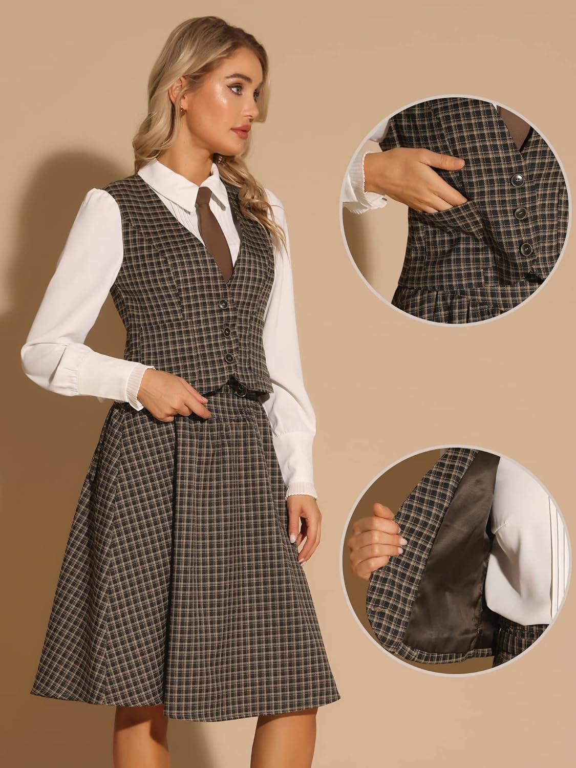 imageAllegra K Plaid Vest for Womens Single Breasted Sleeveless Racerback Vintage WaistcoatBrown