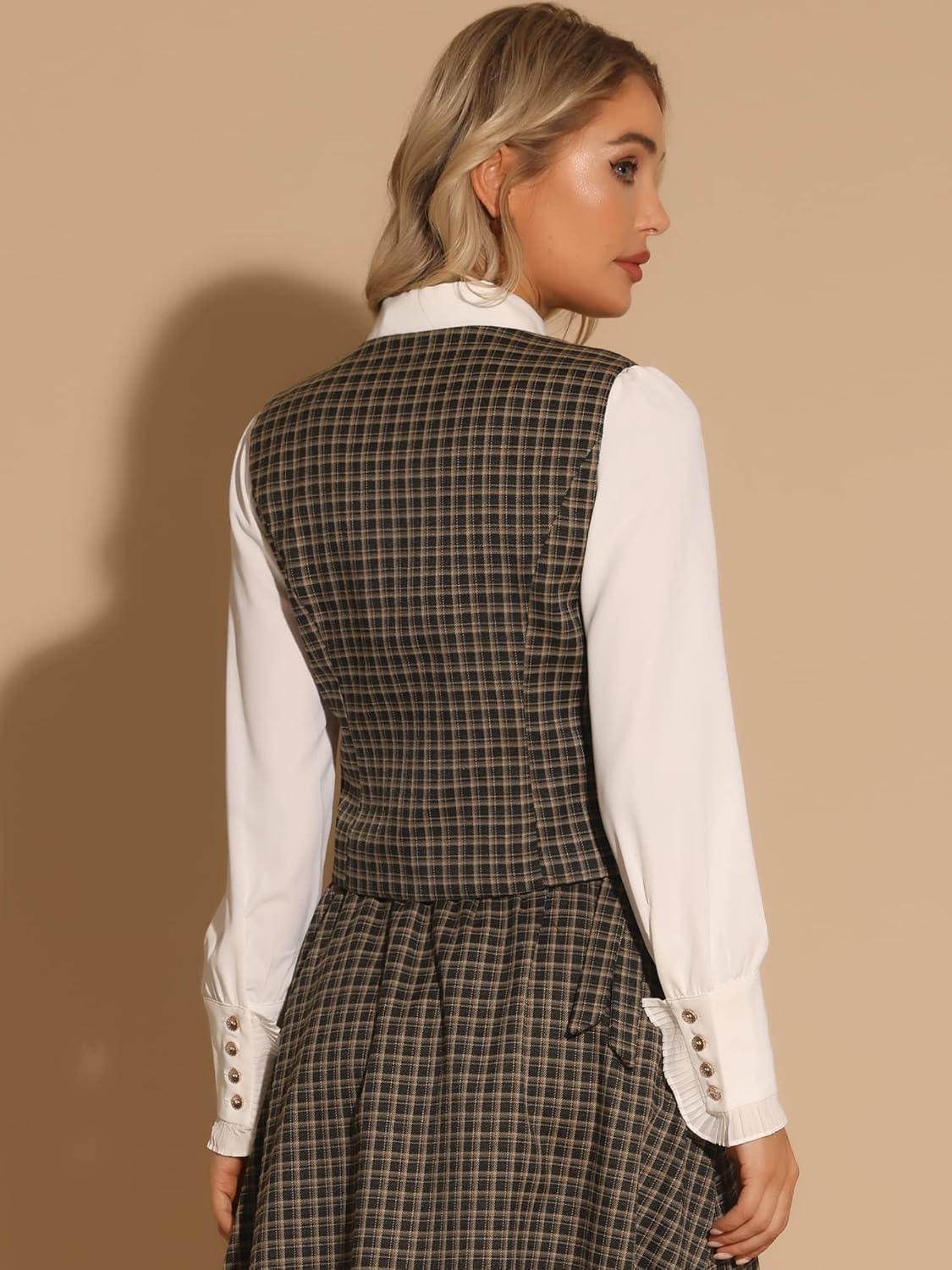 imageAllegra K Plaid Vest for Womens Single Breasted Sleeveless Racerback Vintage WaistcoatBrown