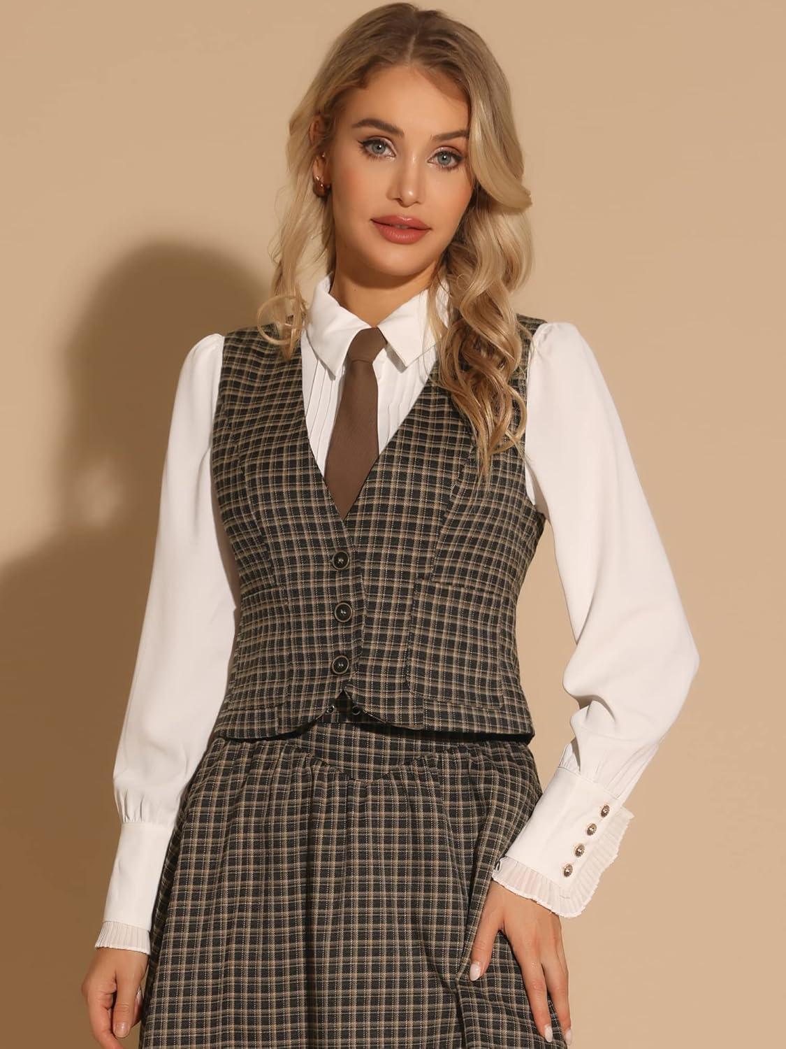imageAllegra K Plaid Vest for Womens Single Breasted Sleeveless Racerback Vintage WaistcoatBrown
