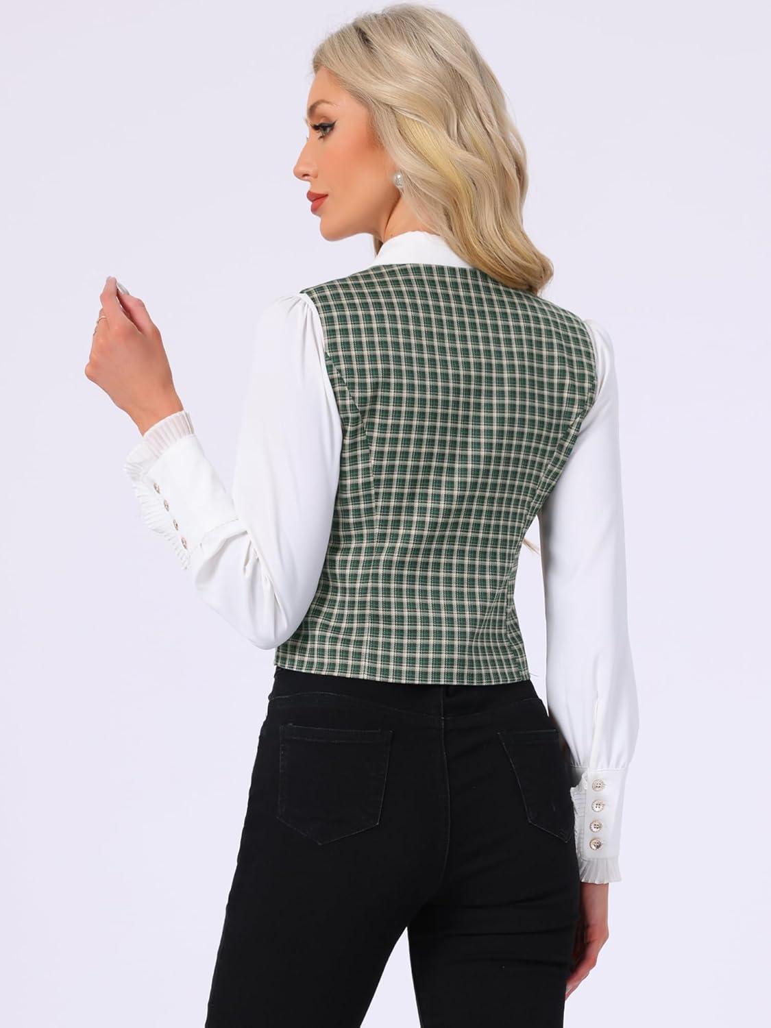imageAllegra K Plaid Vest for Womens Single Breasted Sleeveless Racerback Vintage WaistcoatDark Green