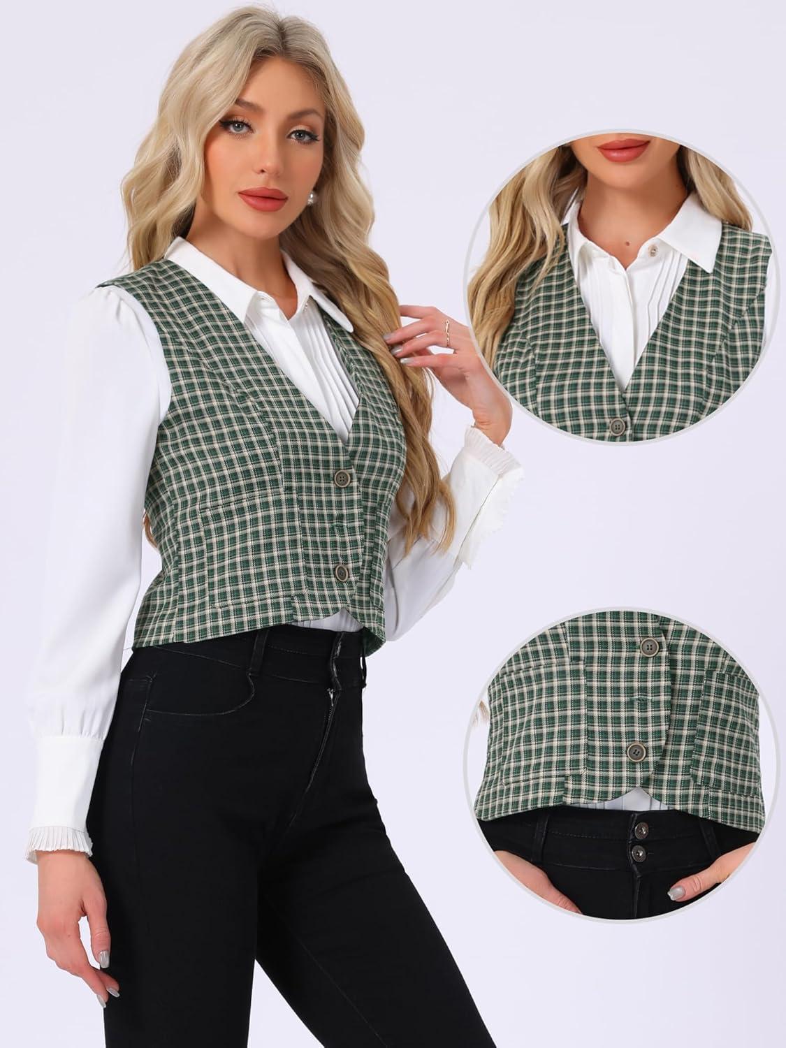imageAllegra K Plaid Vest for Womens Single Breasted Sleeveless Racerback Vintage WaistcoatDark Green