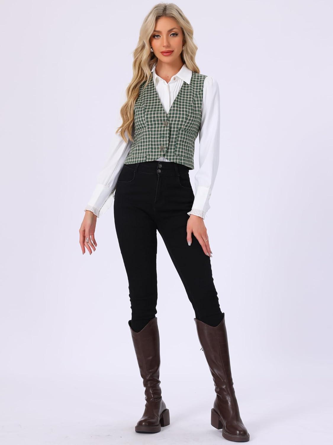 imageAllegra K Plaid Vest for Womens Single Breasted Sleeveless Racerback Vintage WaistcoatDark Green