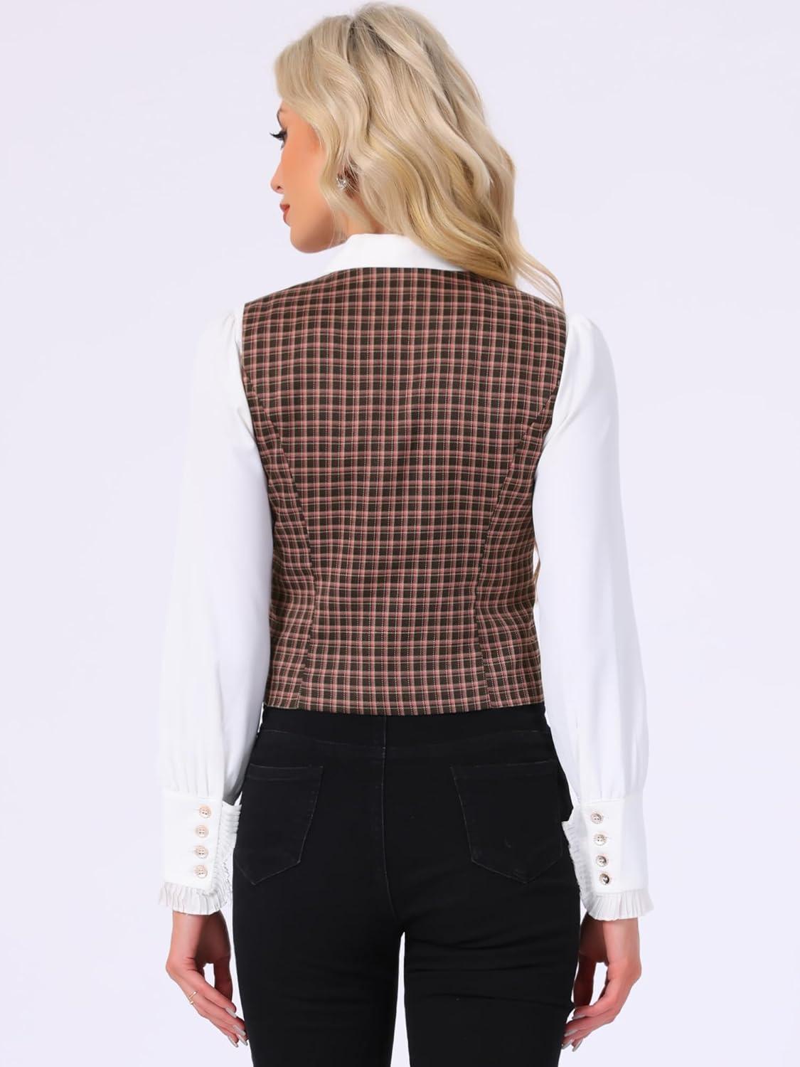 imageAllegra K Plaid Vest for Womens Single Breasted Sleeveless Racerback Vintage WaistcoatDark Pink