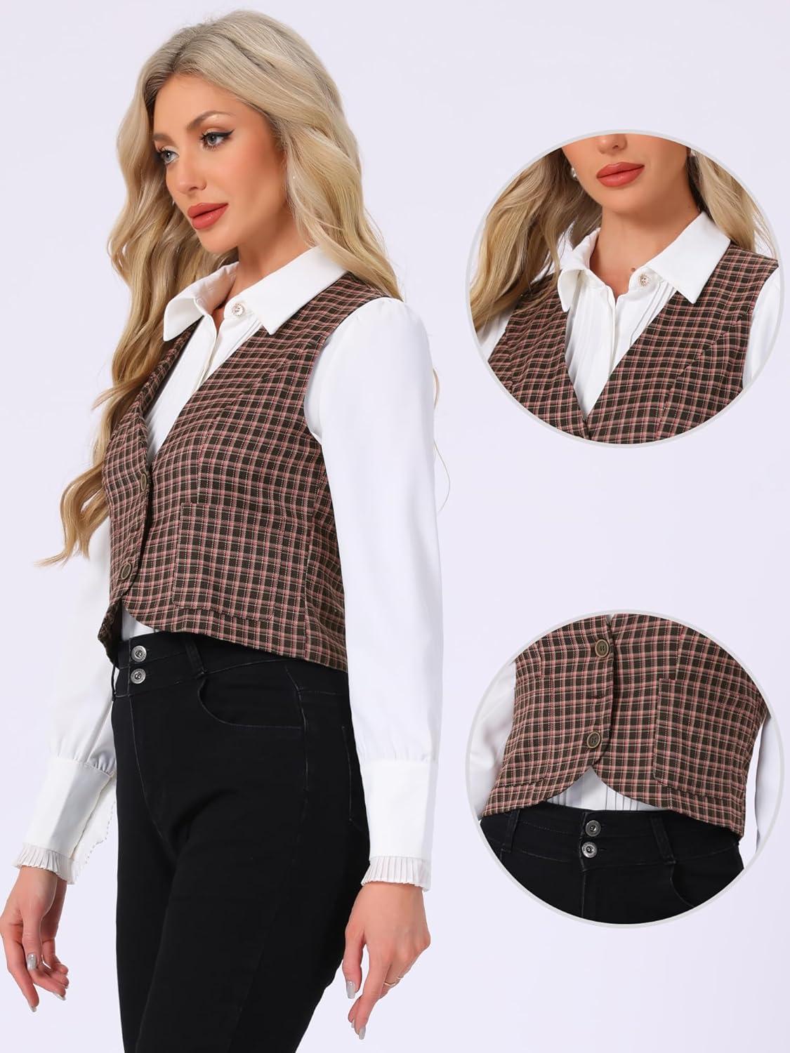 imageAllegra K Plaid Vest for Womens Single Breasted Sleeveless Racerback Vintage WaistcoatDark Pink
