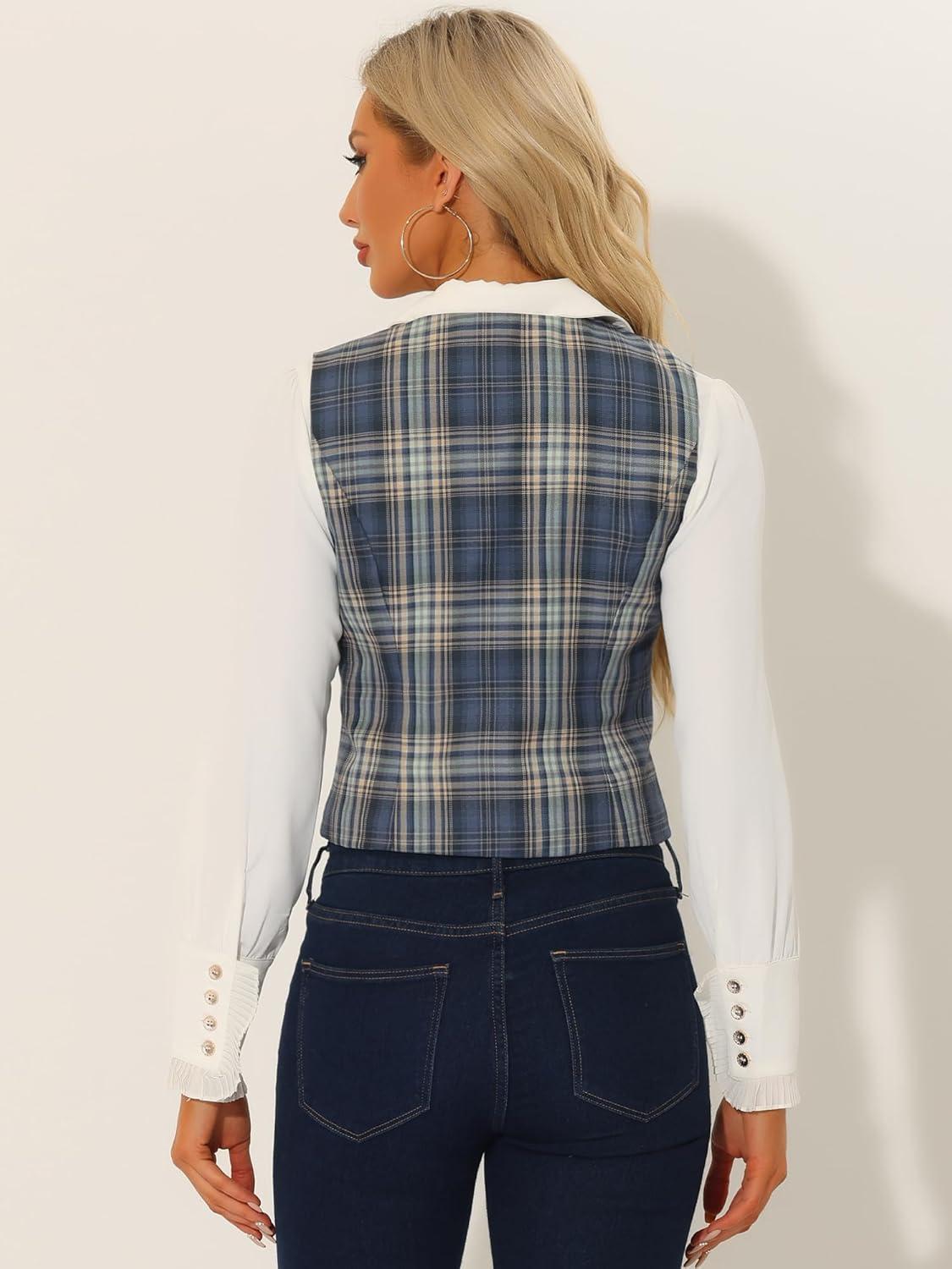imageAllegra K Plaid Vest for Womens Single Breasted Sleeveless Racerback Vintage WaistcoatGrey Blue