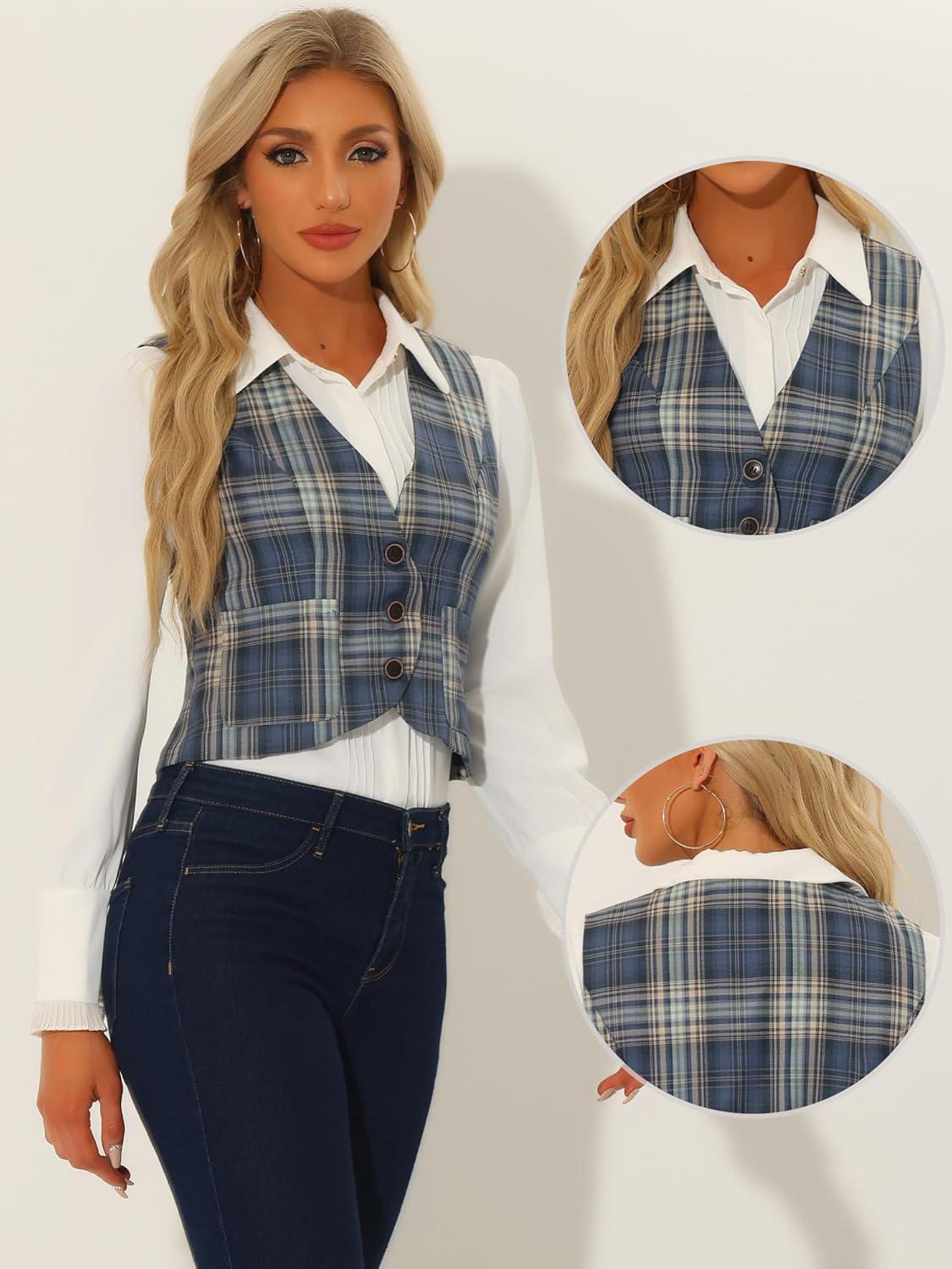 imageAllegra K Plaid Vest for Womens Single Breasted Sleeveless Racerback Vintage WaistcoatGrey Blue