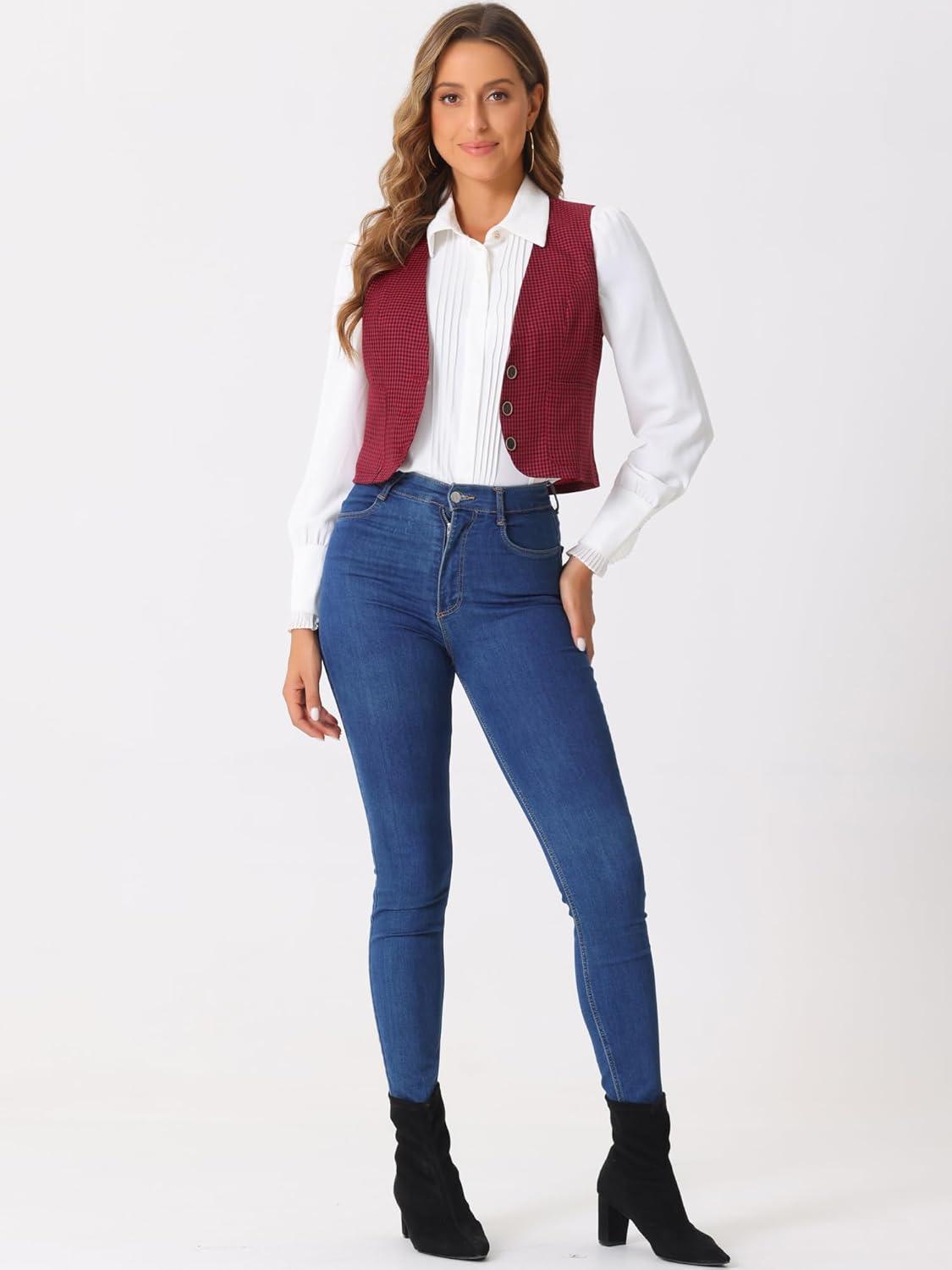imageAllegra K Plaid Vest for Womens Single Breasted Sleeveless Racerback Vintage WaistcoatRed Black