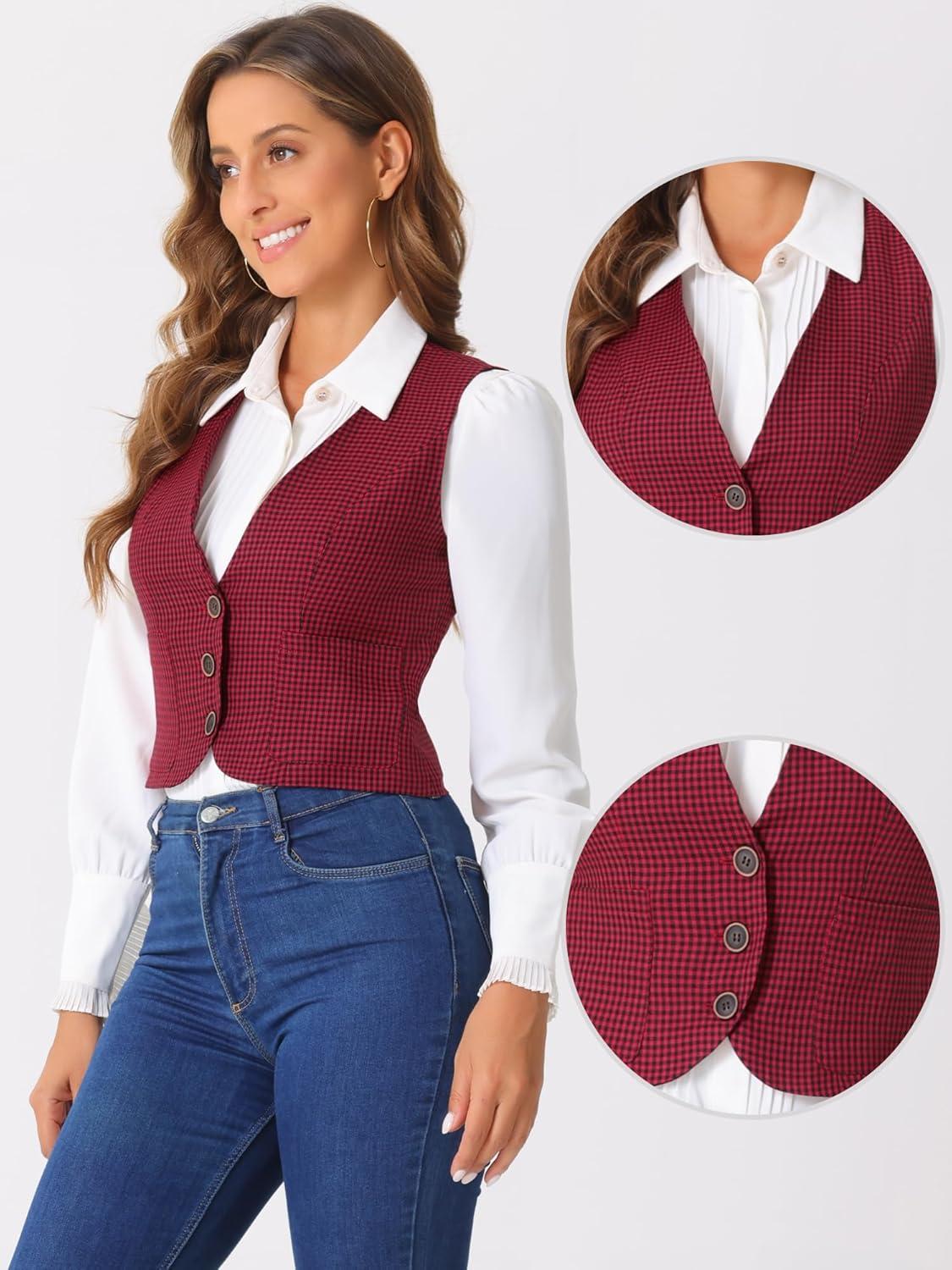imageAllegra K Plaid Vest for Womens Single Breasted Sleeveless Racerback Vintage WaistcoatRed Black