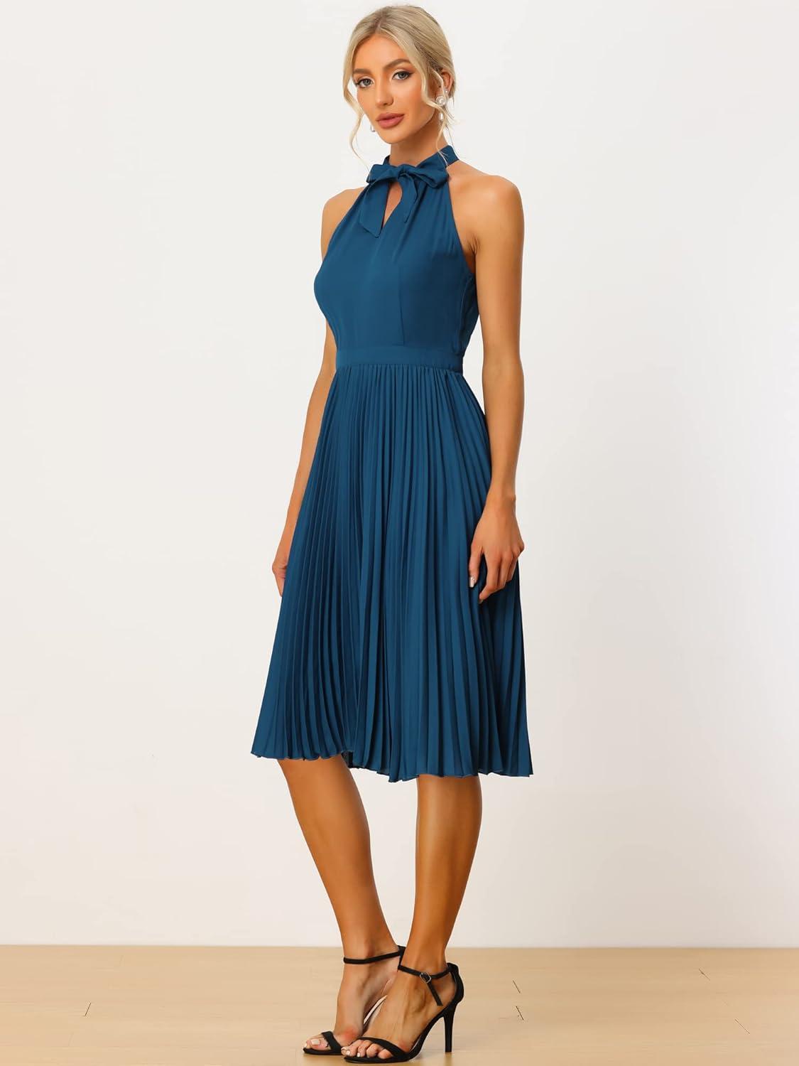 imageAllegra K Pleated Dress for Womens Sleeveless 2024 Summer Bow Tie Neck Party Cocktail DressesNavy Blue
