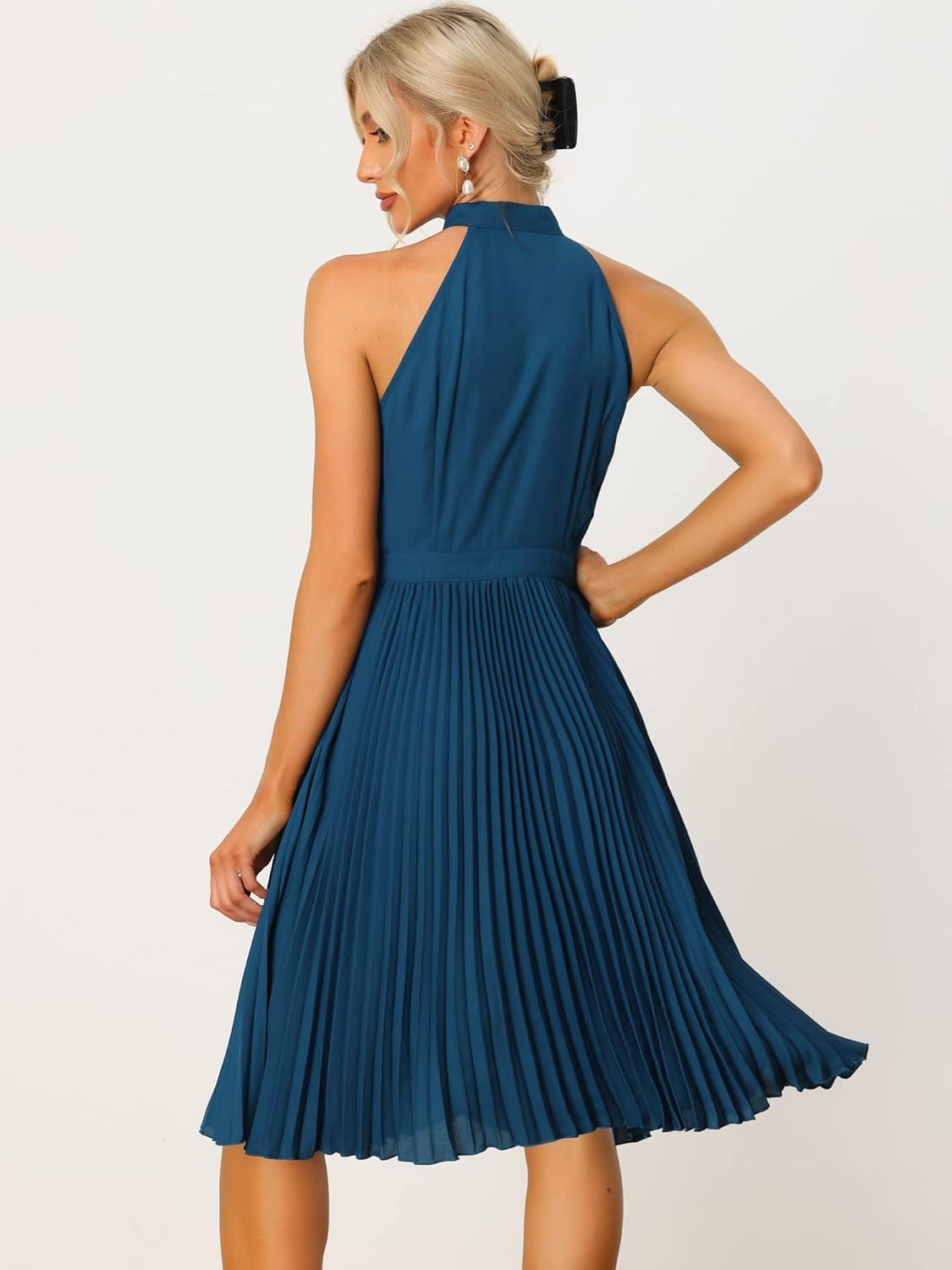 imageAllegra K Pleated Dress for Womens Sleeveless 2024 Summer Bow Tie Neck Party Cocktail DressesNavy Blue