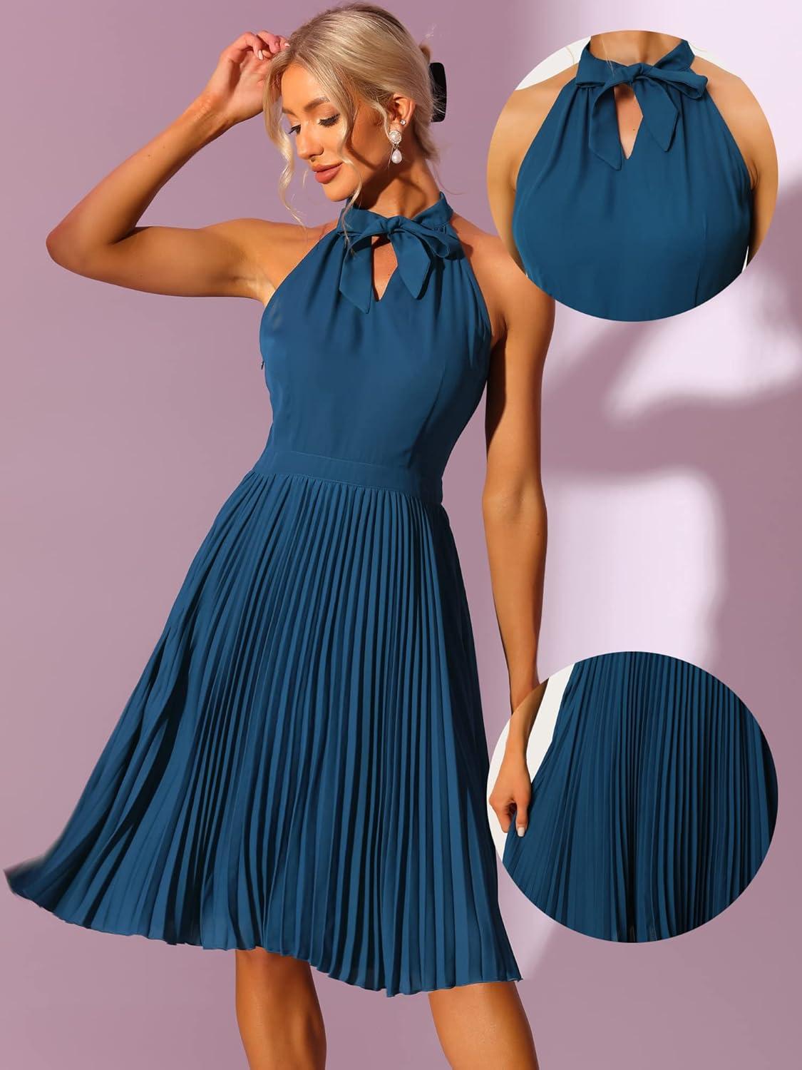 imageAllegra K Pleated Dress for Womens Sleeveless 2024 Summer Bow Tie Neck Party Cocktail DressesNavy Blue