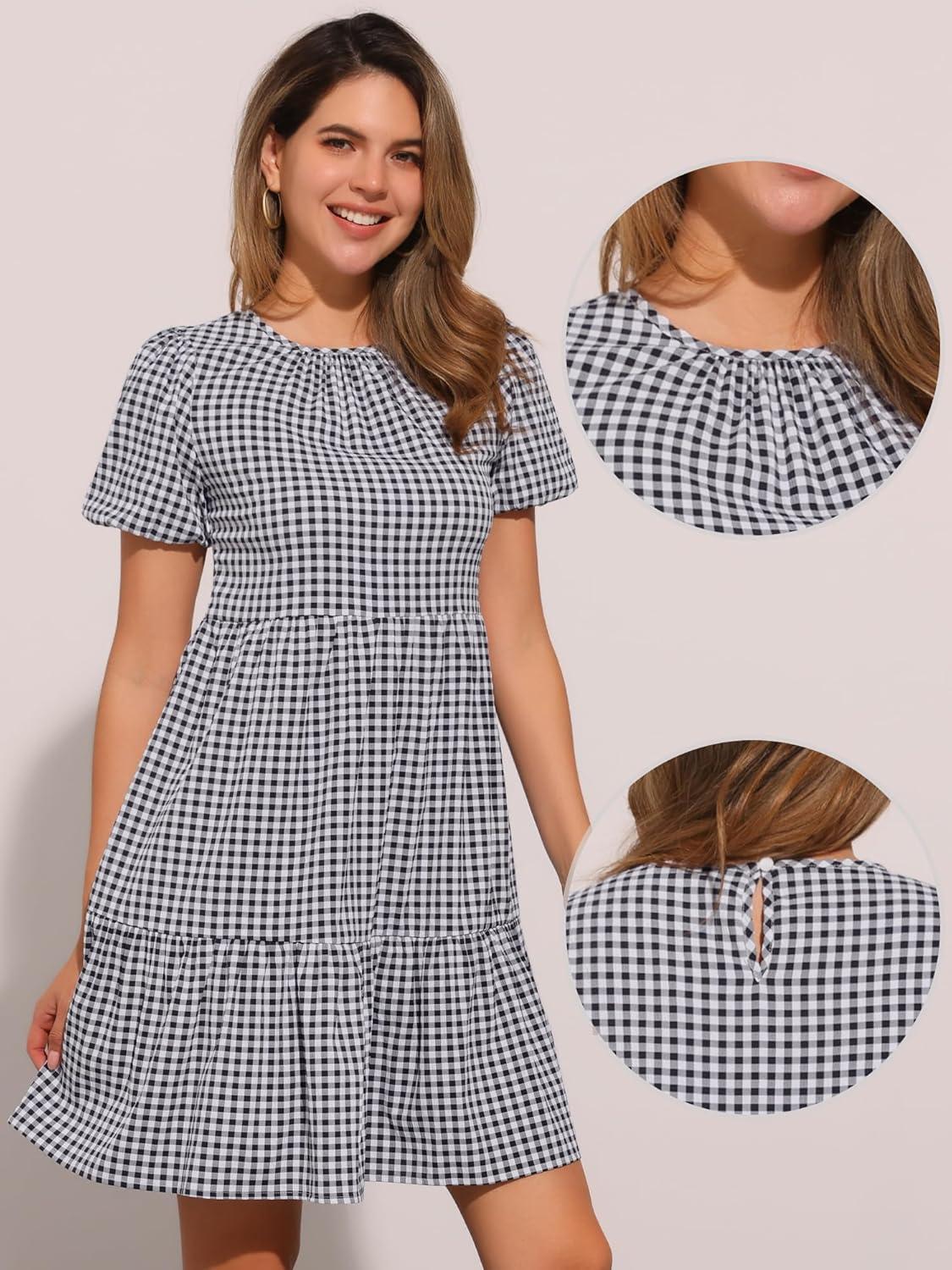 imageAllegra K Summer Dress for Women Gingham Short Sleeve Plaid Dresses Crewneck Loose Babydoll Casual Tiered DressesBlack