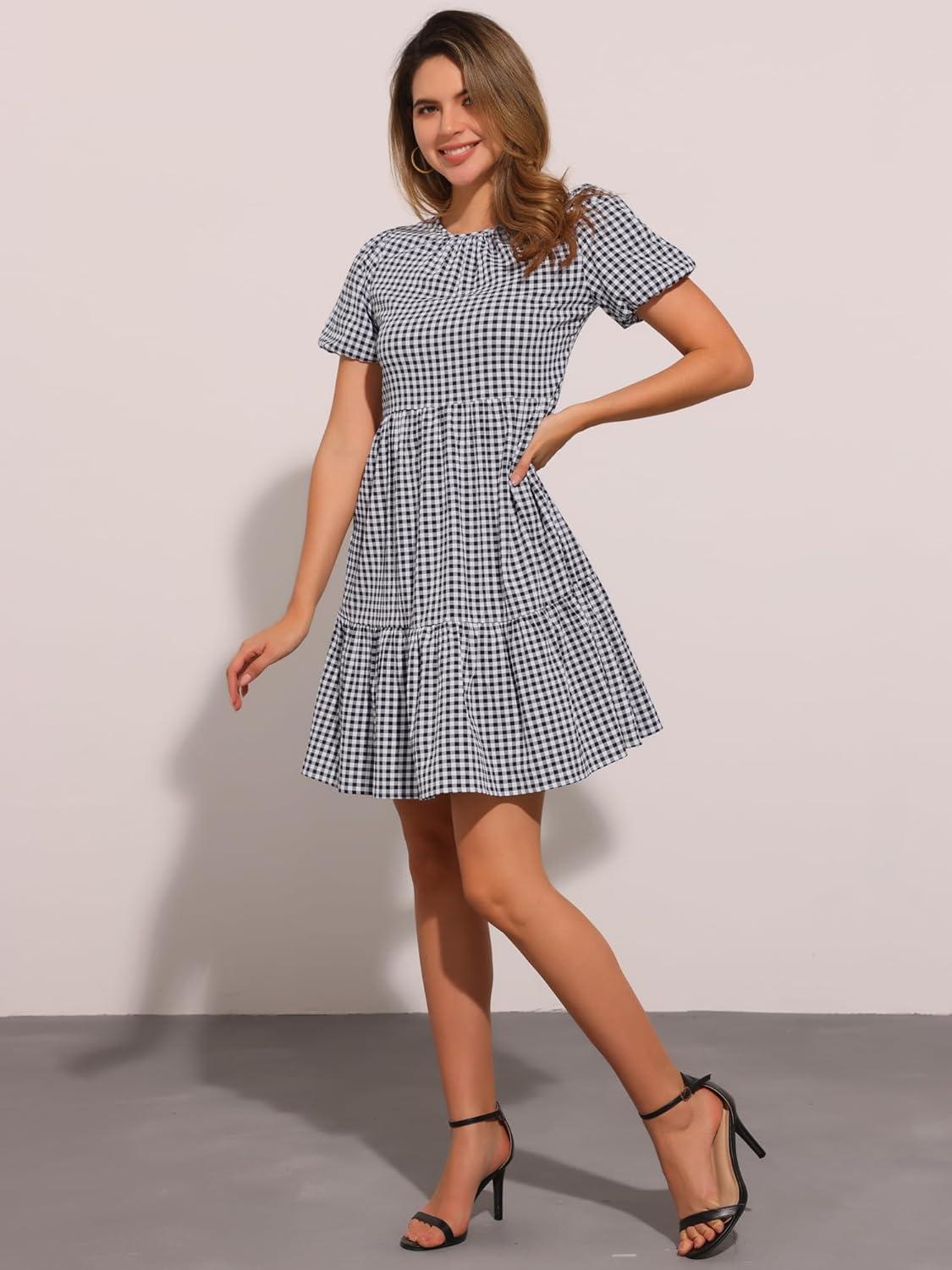 imageAllegra K Summer Dress for Women Gingham Short Sleeve Plaid Dresses Crewneck Loose Babydoll Casual Tiered DressesBlack