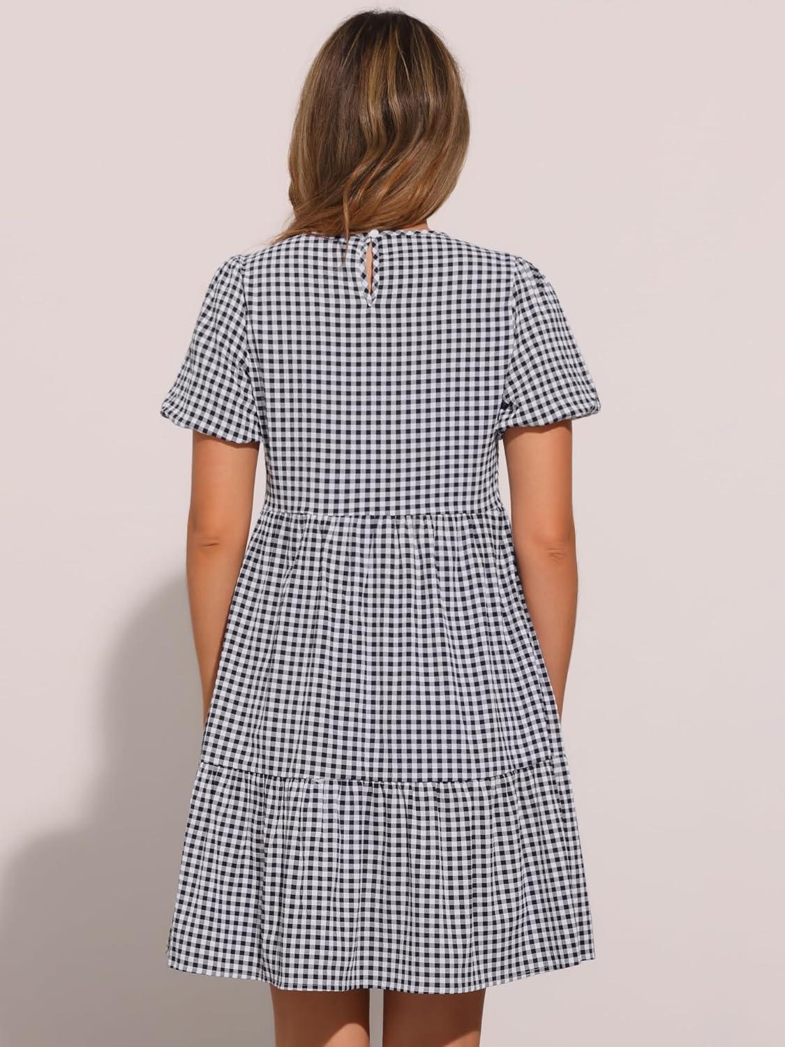 imageAllegra K Summer Dress for Women Gingham Short Sleeve Plaid Dresses Crewneck Loose Babydoll Casual Tiered DressesBlack
