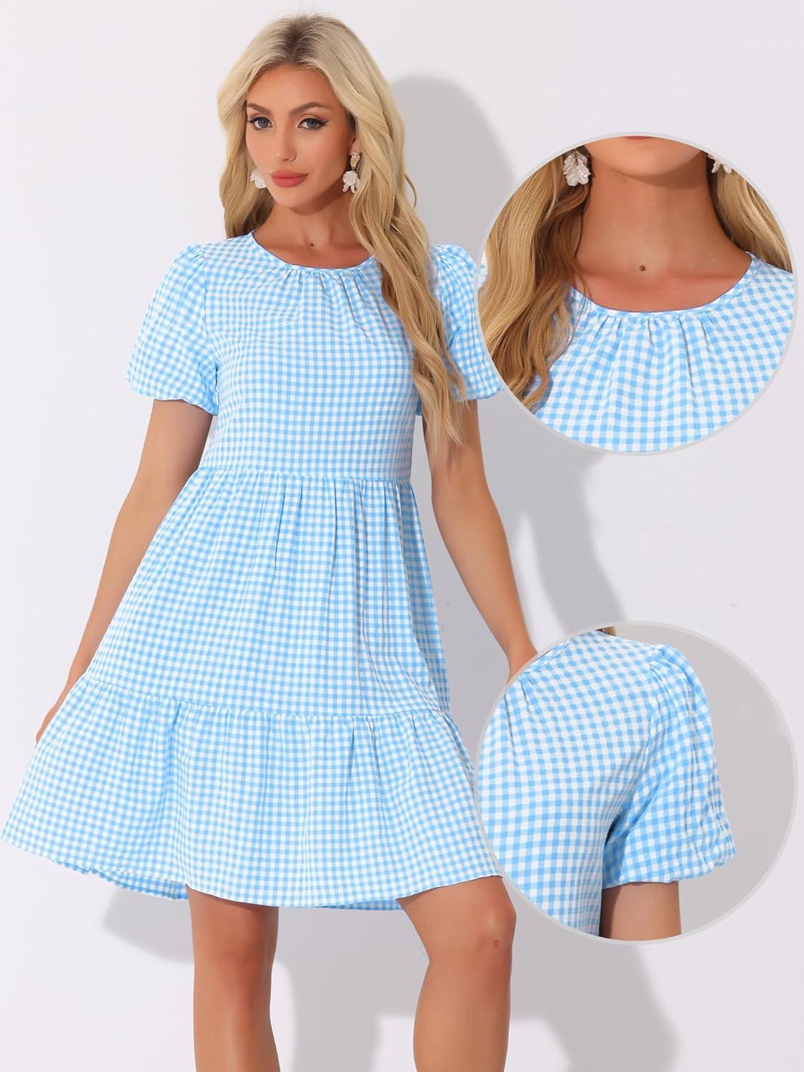 imageAllegra K Summer Dress for Women Gingham Short Sleeve Plaid Dresses Crewneck Loose Babydoll Casual Tiered DressesBlue